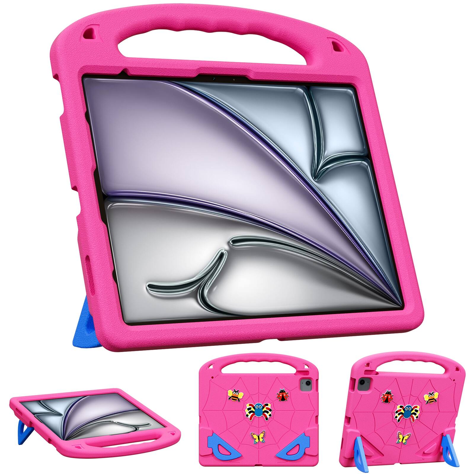 Angle. UUCOVER - Kids Case for iPad Pro 13-inch (M5) 2025/ (M4) 2024,Shockproof EVA Case Handle Kickstand Cover with Shoulder Strap - Rose/Blue.