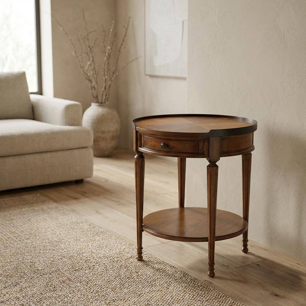 Left. Starlight Canyon Home - Round Side Table with Drawer - Medium Brown.