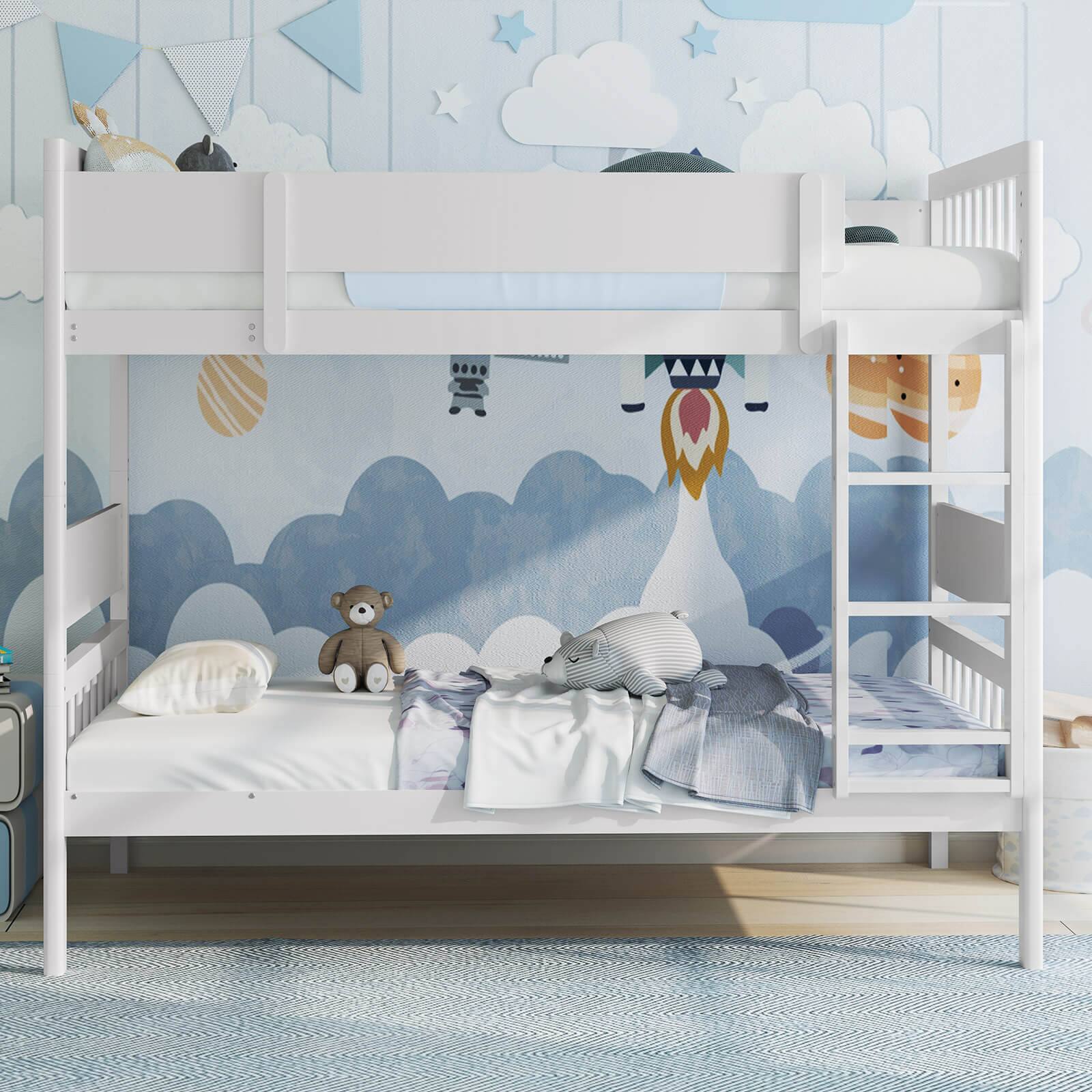 Back. Costway - Twin Over Twin Bunk Bed Solid Wood Bed Frame with Ladder Full-length Guardrails - White.