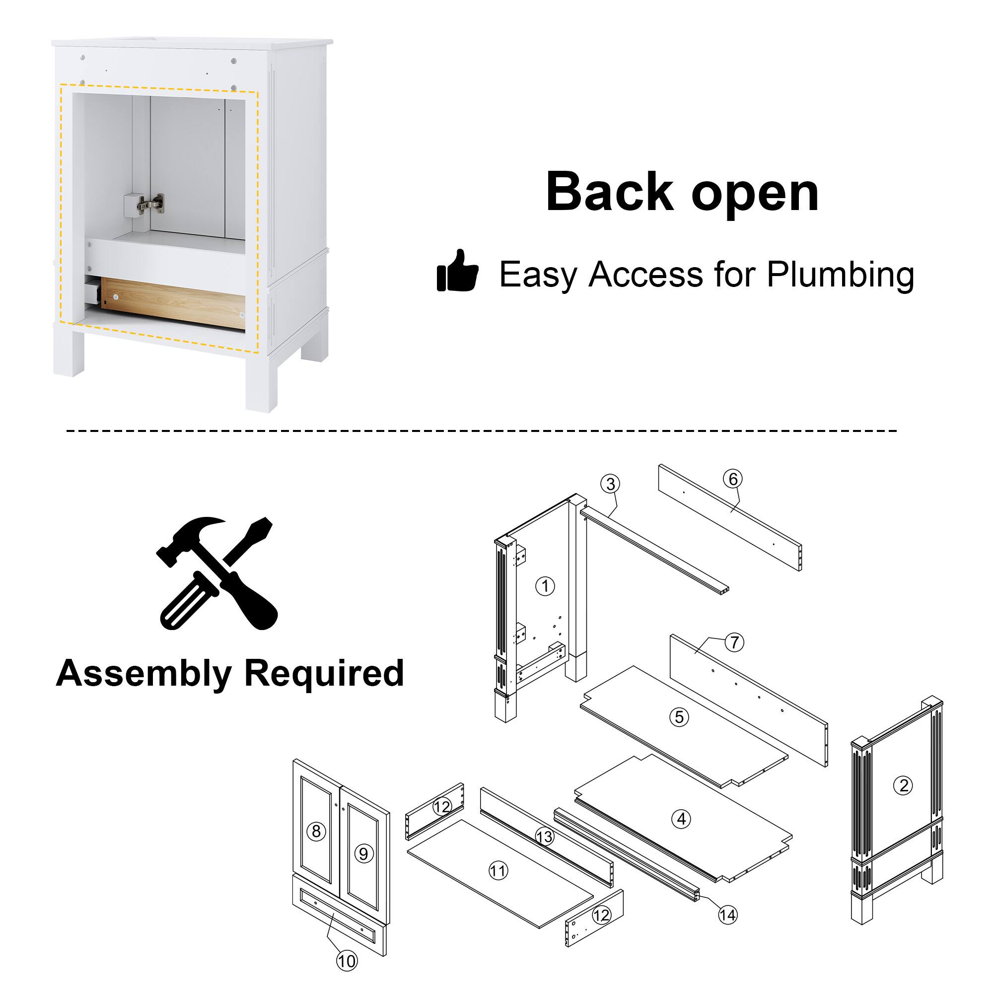 Back open  
Easy Access for Plumbing  

Assembly Required  

1 3 5 6 7 8 4 12 1 3 4 2 2 14 10