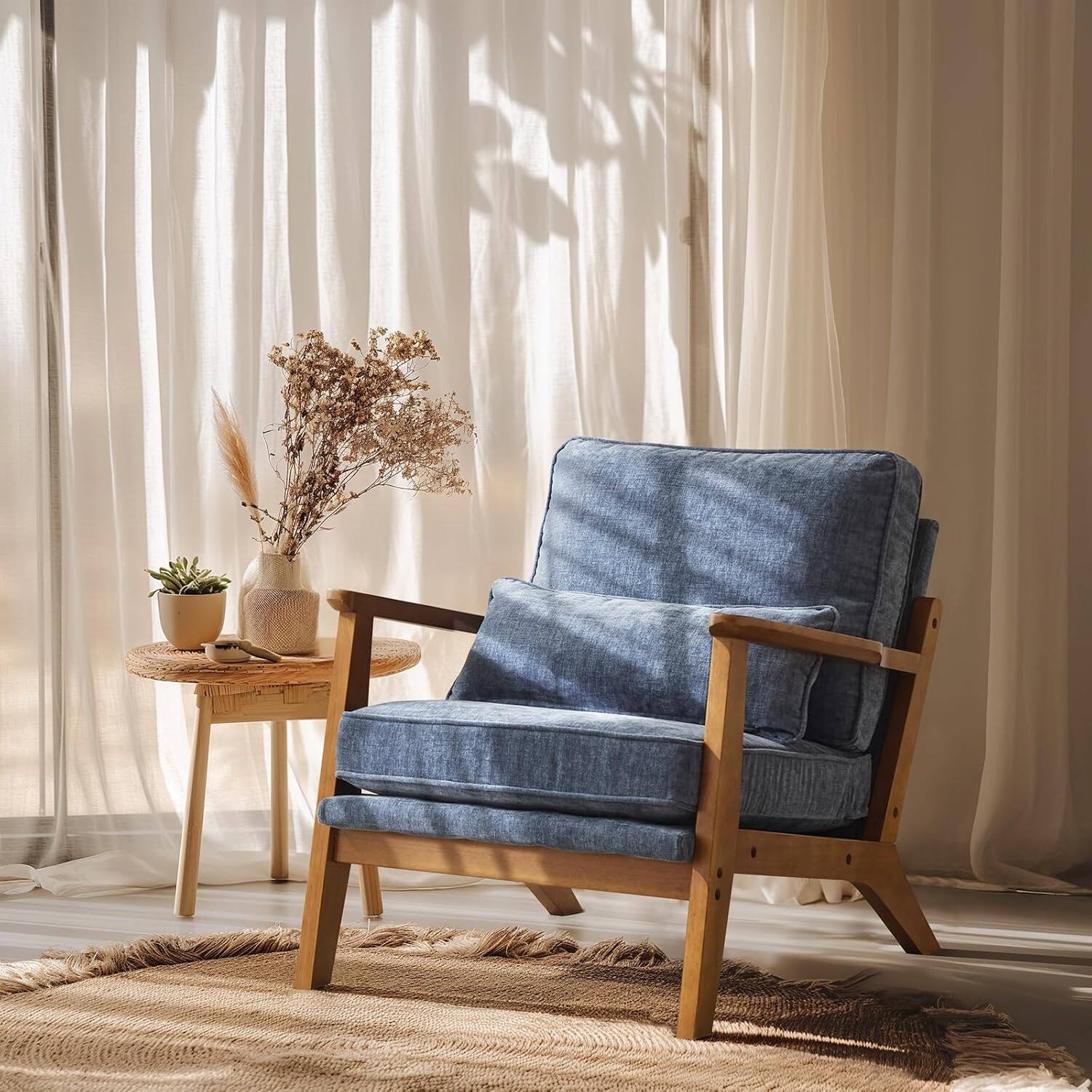 Alt View 8. Winado - Set of 2 Solid Wood Wide Armrests Accent Mid Century Modern Chair,with Pillow,Reading Chair for Living Room,Bedroom - Chenille-Dark Blue.
