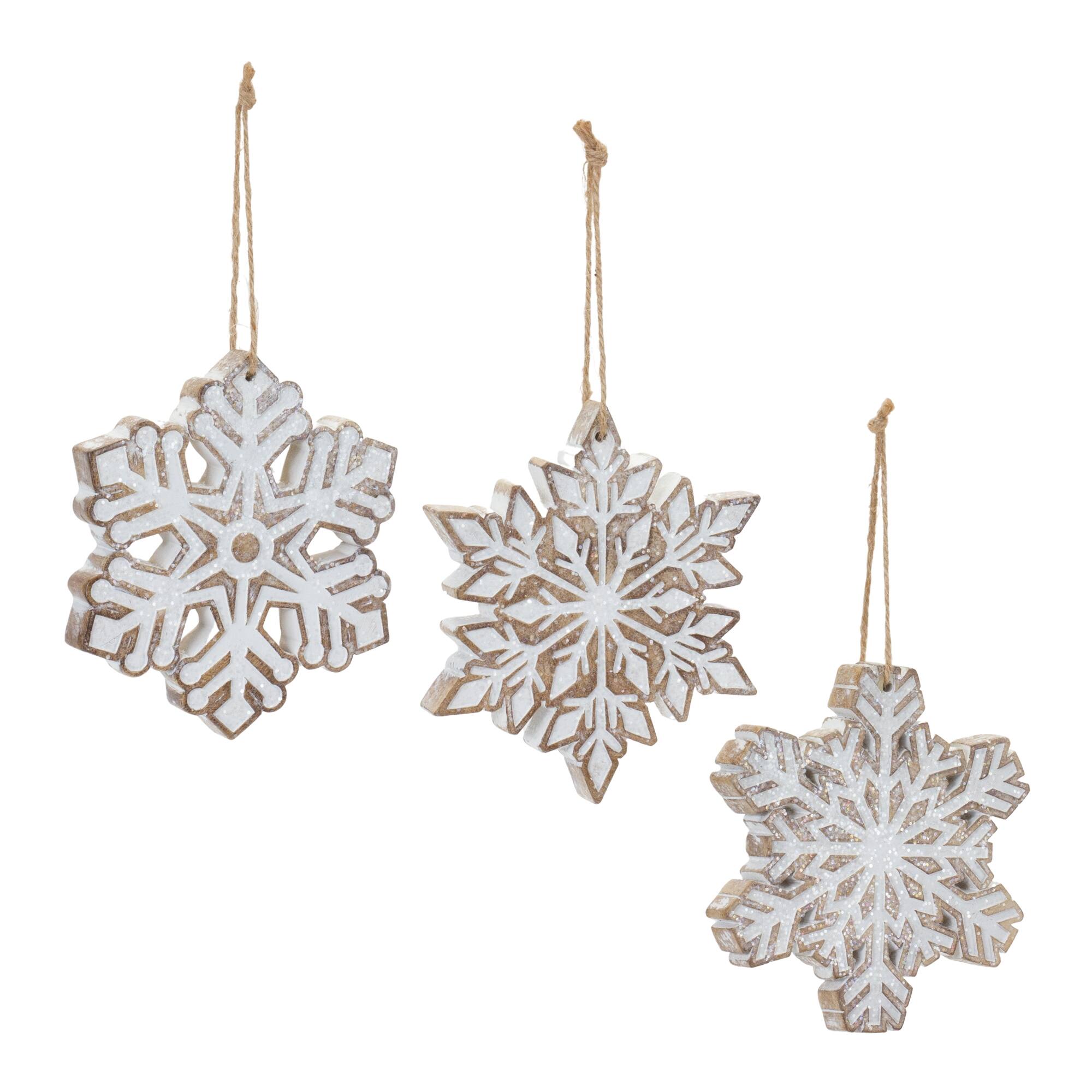 Angle. BreeBe - Glittered Snowflake Ornament (Set of 3) - Brown, White.