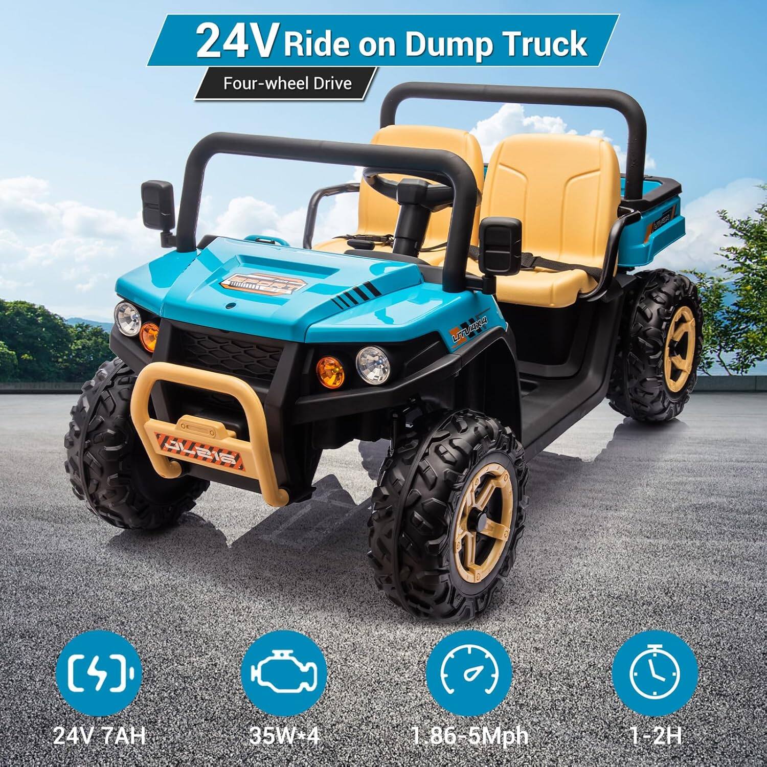 24V Ride on Dump Truck  
Four-wheel Drive  

24V 7AH  
35W*4  
1.86-5Mph  
1-2H