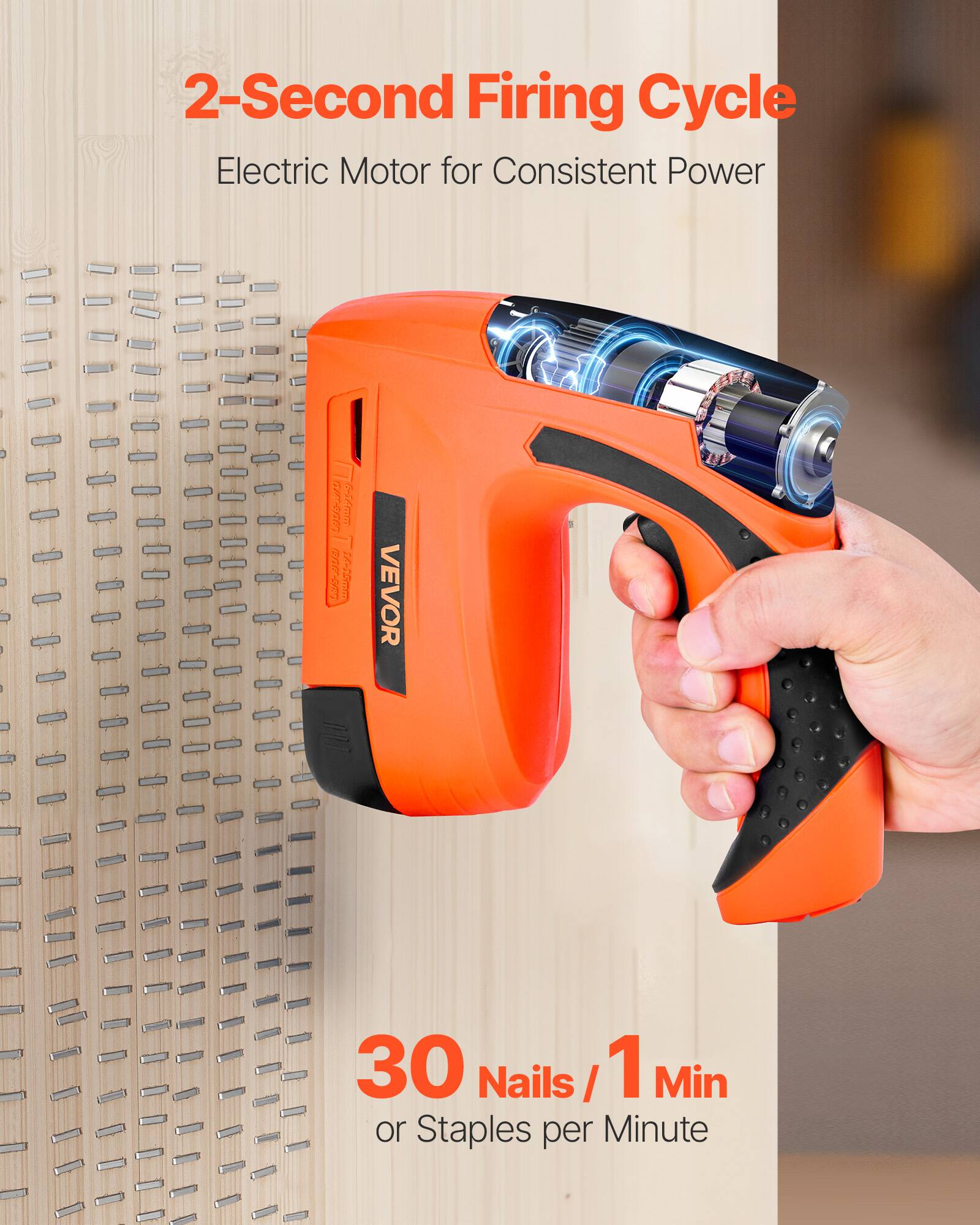 2-Second Firing Cycle Electric Motor for Consistent Power

VEVOR

30 Nails / 1 Min or Staples per Minute