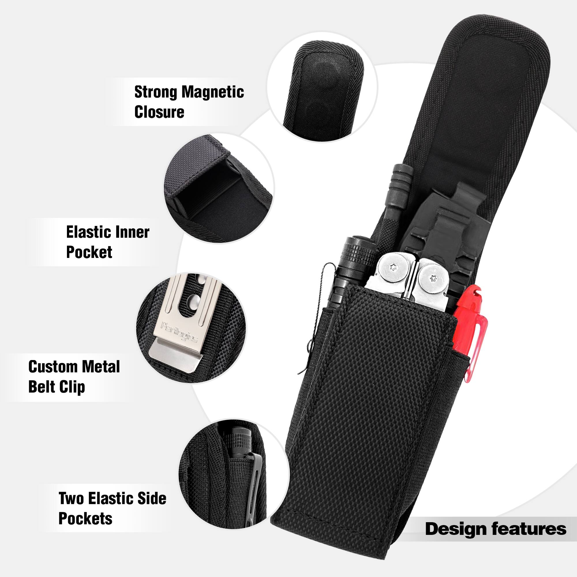 Design features:

- Strong Magnetic Closure
- Elastic Inner Pocket
- Custom Metal Belt Clip
- Two Elastic Side Pockets