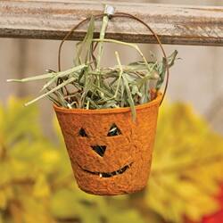 Angle. BreeBe - Jack O Lantern Planter w/Prairie Grass - 2.25"H - Green.