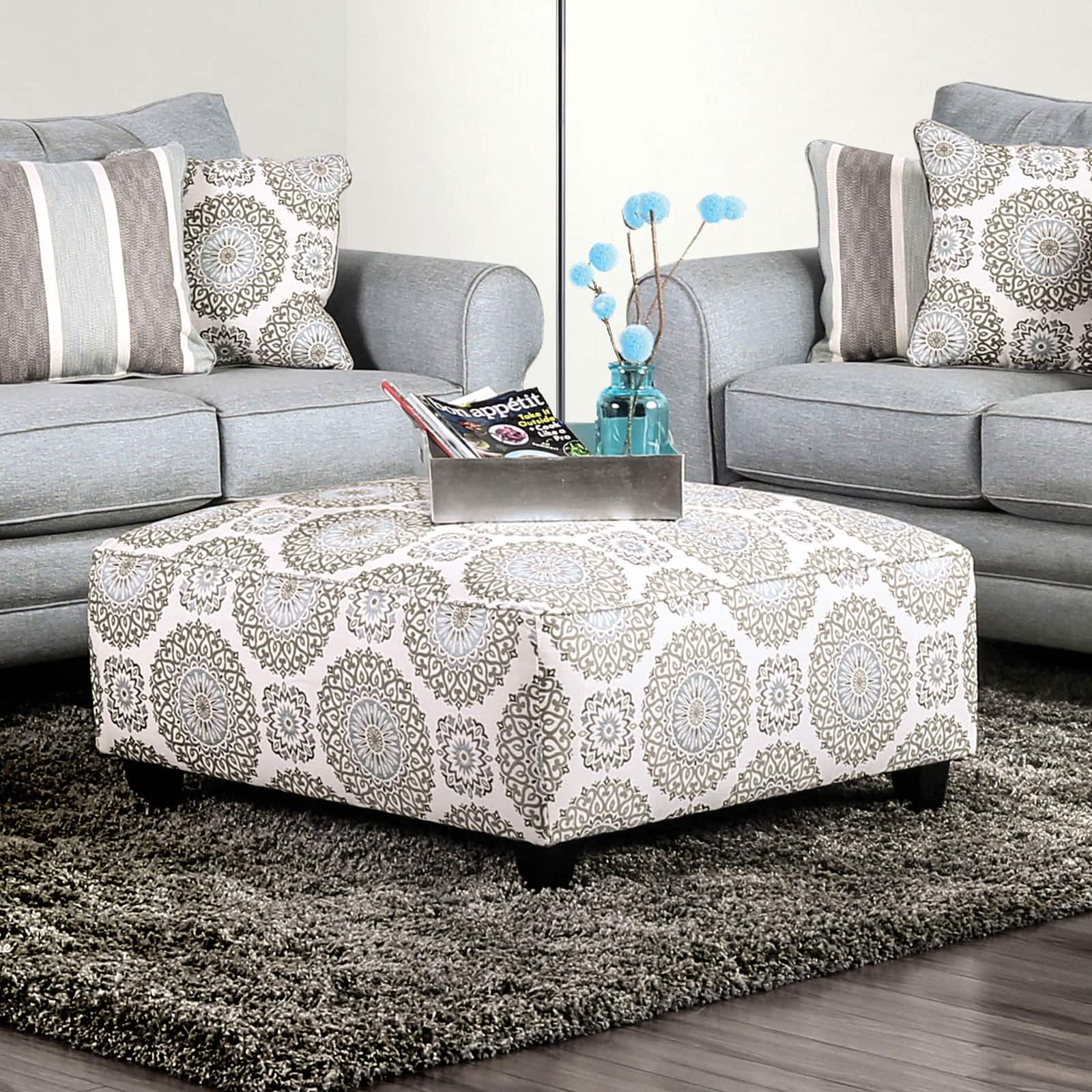 Tiramisubest - Square Upholstery Ottoman Transitional Style Welt Trim Tapered Legs Ivory Pattern Finish - White