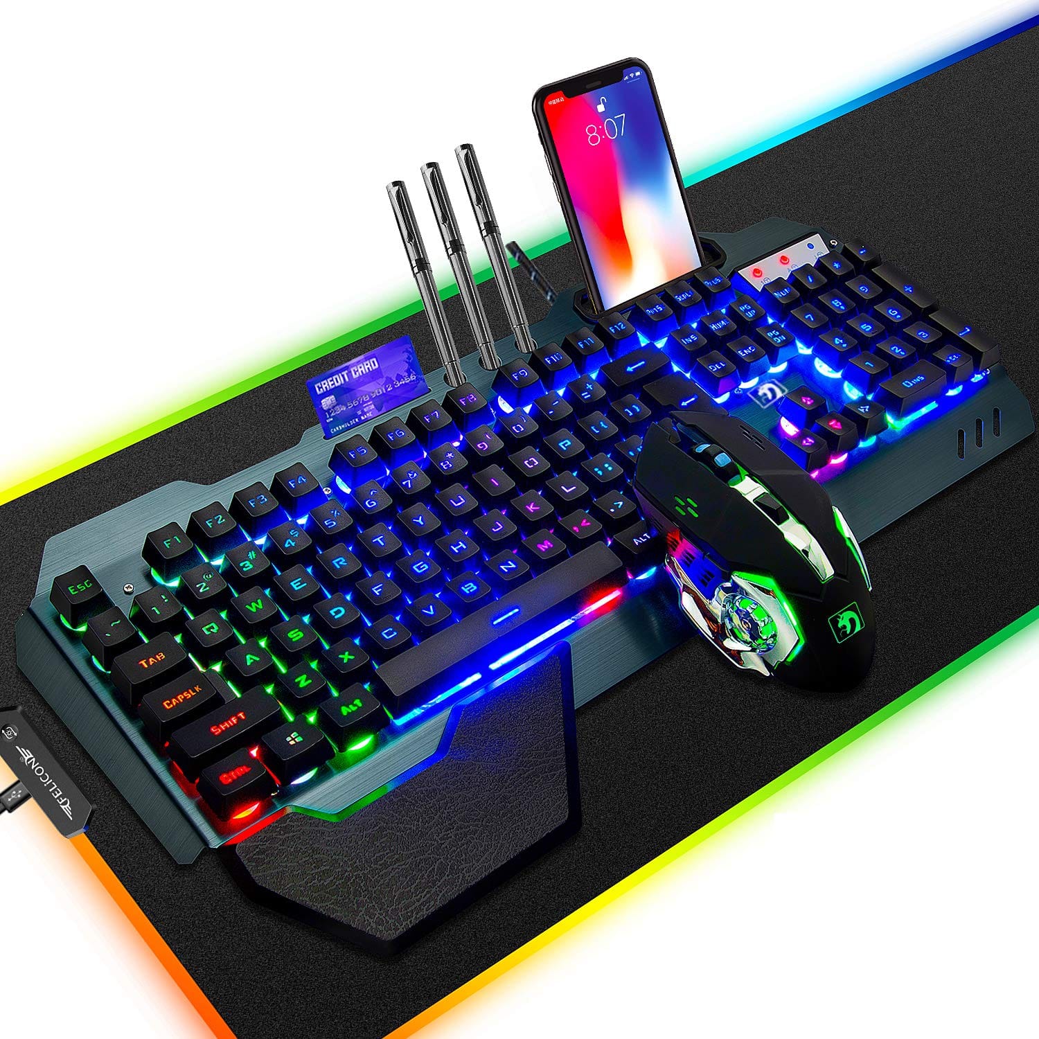 Fabibe - Mouse Pad Keyboard Mouse Bundle 4 DPI 3200 Dpi RGB DPI Wired Game Combo Backlit Mechanical Feel With Hand Rest Phone - Default