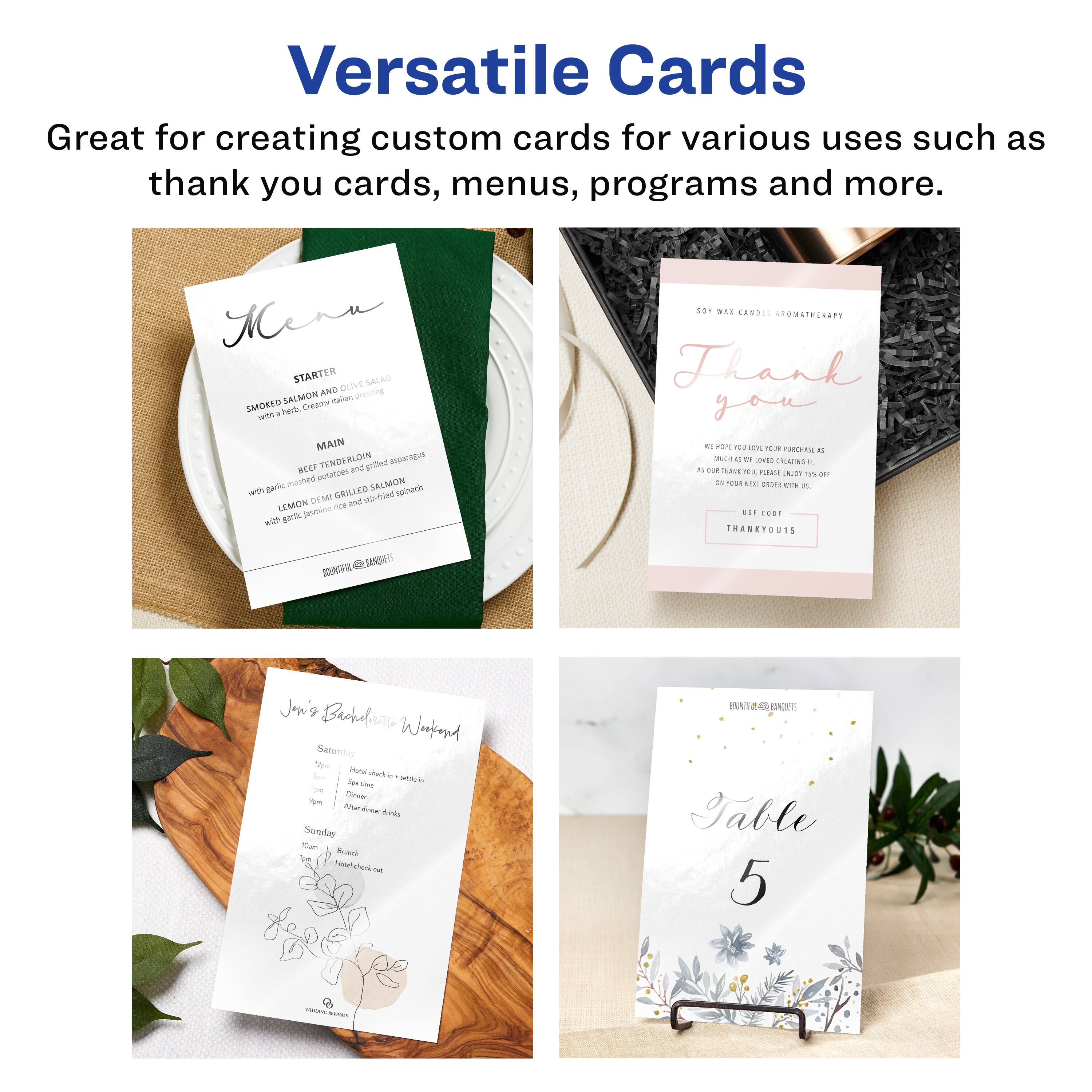Versatile Cards  
Great for creating custom cards for various uses such as thank you cards, menus, programs and more.

**Menu**  
**STARTER**  
Smoked Salmon and Dill Salad  
with salmon, herbs, and lemon dressing  

**MAIN**  
BEEF TENDERLOIN  
grilled and served with garlic mashed potatoes and grilled asparagus  

LEMON DE JEROME GRILLED SALMON  
with garlic and lemon butter  

**Thank You**  
We hope you love your purchase as much as we do!  
As our thank you, please enjoy 10% off on your next order with us.  
Use code: THANKYOU10  

**Jon's Bachelor Weekend**  
Saturday  
10 am - Hotel check-in  
12 pm - Lunch  
4 pm - Dinner drinks  

Sunday  
10 am - Brunch  
12 pm - Hotel check-out  

**Table 5**