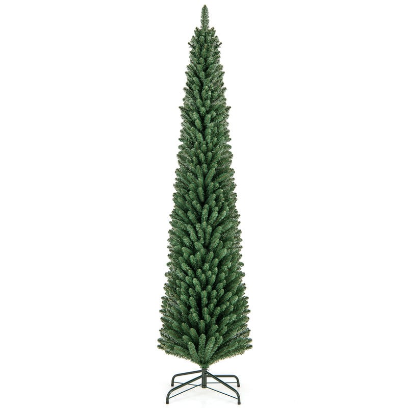 WELLFOR - 8ft Unlit Artificial Christmas Tree, Slim Pencil Hinged Xmas Tree with 671 Branch Tips for Home Holiday Decoration - Green