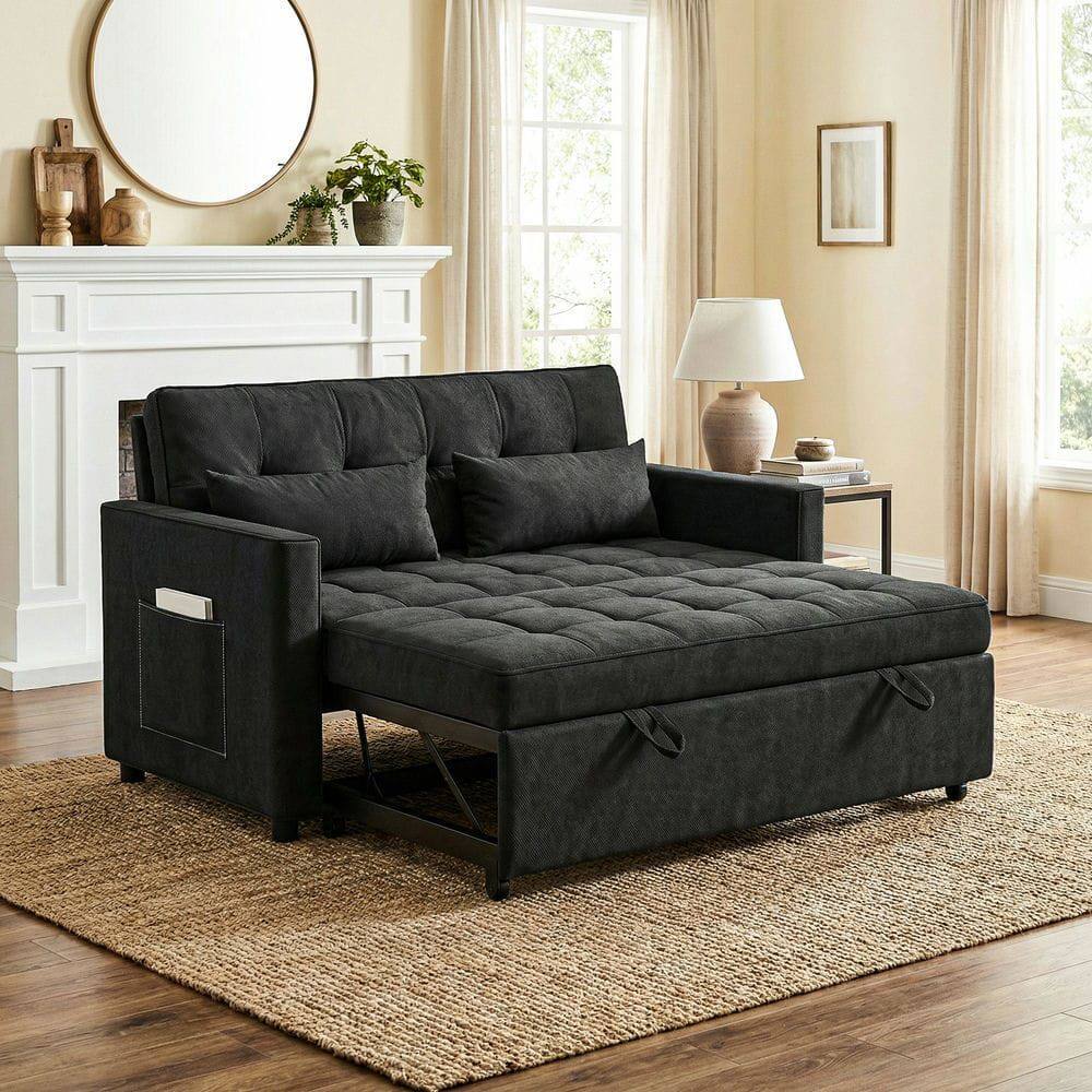 Front. Kadyn - 3-in-1 Convertible Sofa Bed, 5-Level Adjustable Backrest Transforms from Loveseat to Chaise & Full Bed - Black.