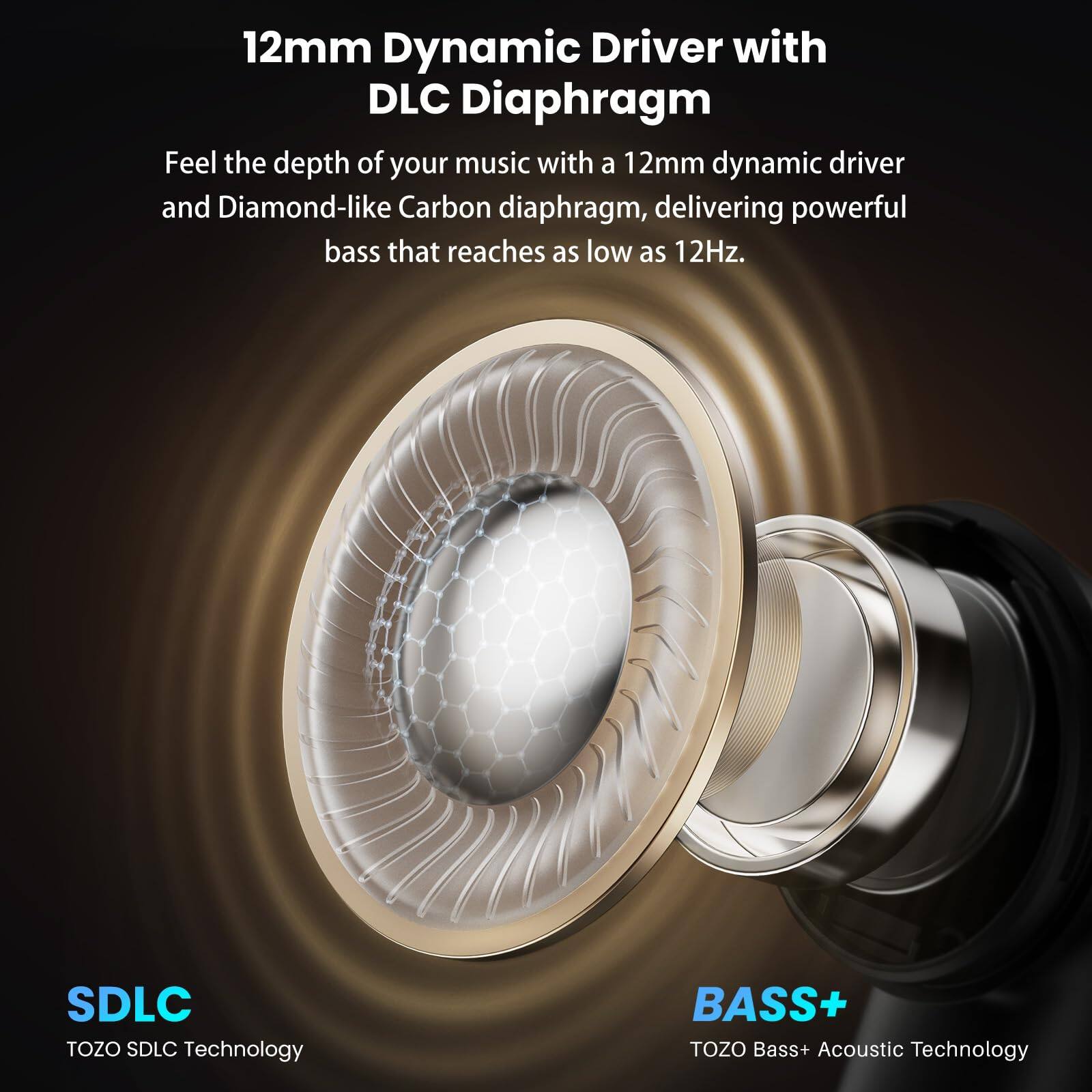 12mm Dynamic Driver with DLC Diaphragm

Feel the depth of your music with a 12mm dynamic driver and Diamond-like Carbon diaphragm, delivering powerful bass that reaches as low as 12Hz.

SDLC
TOZO SDLC Technology

BASS+
TOZO Bass+ Acoustic Technology