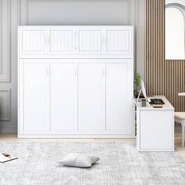 Tiramisubest - Queen Size Wall Murphy Bed with Desk, Storage, White Wood, Space-Saving - White