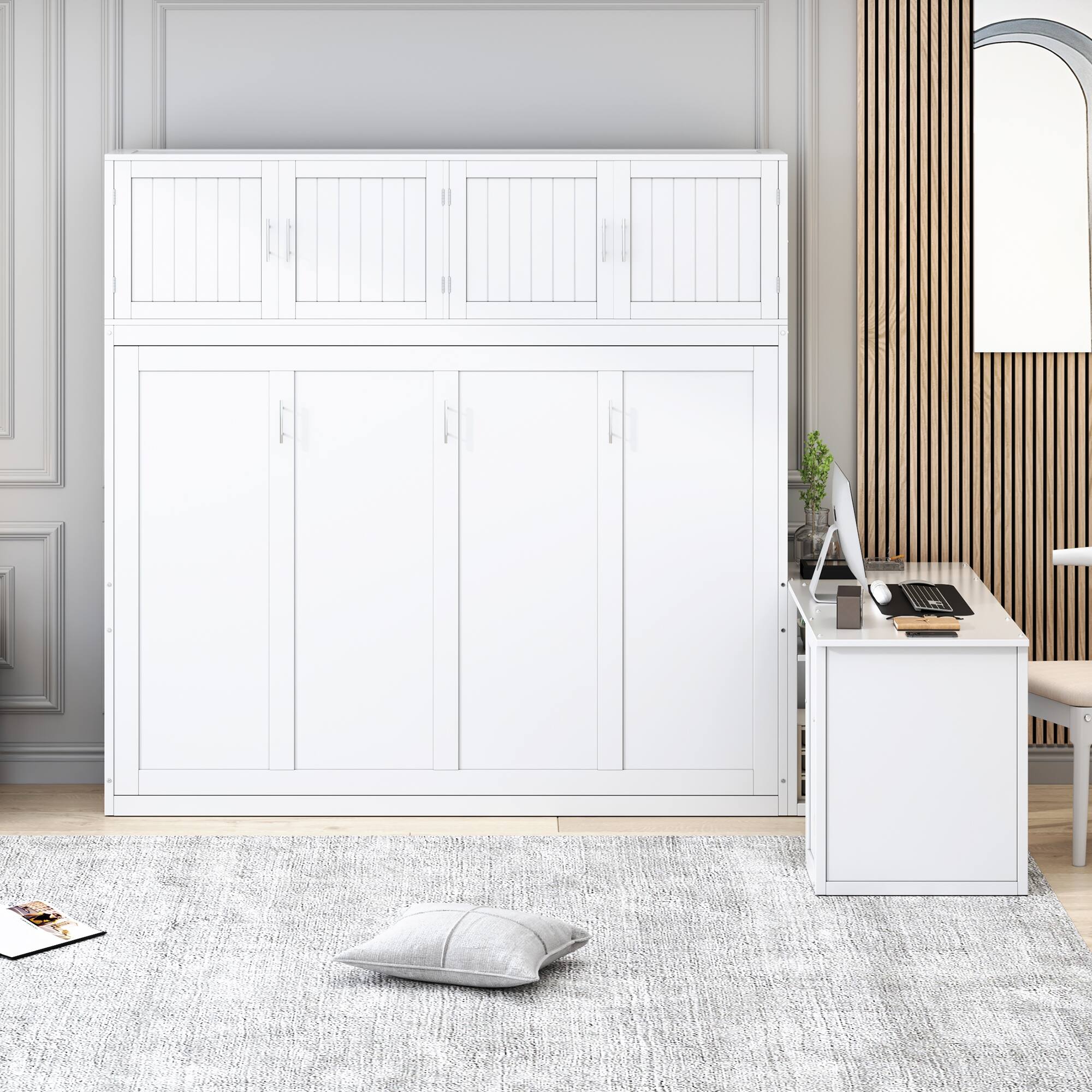 Front. Tiramisubest - Queen Size Wall Murphy Bed with Desk, Storage, White Wood, Space-Saving - White.