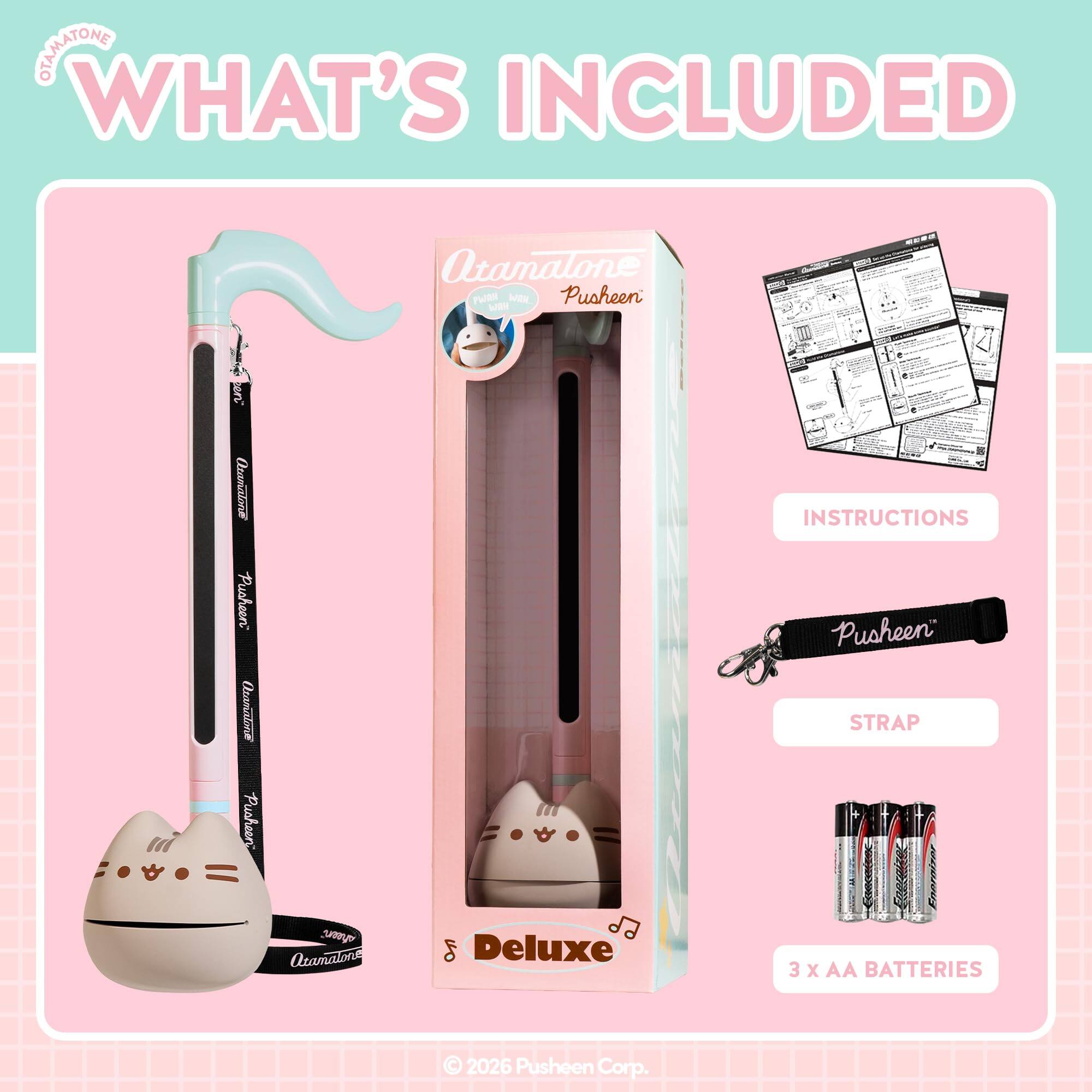 **WHAT'S INCLUDED**

- Otamalone Pusheen Deluxe
- Instructions
- Strap
- 3 x AA Batteries

© 2026 Pusheen Corp.