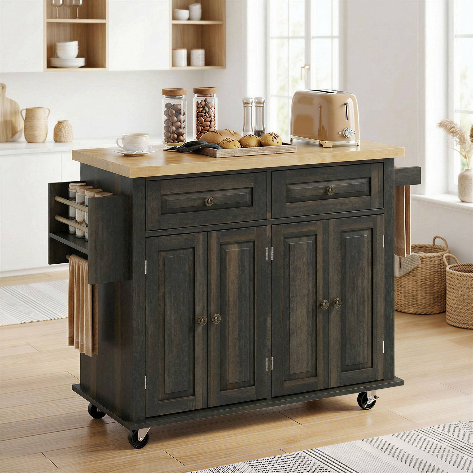 Alt View 1. Homcom - Mobile Kitchen Island Table, Kitchen Island Cart on Wheels with Storage Cabinets - Brown Oak.