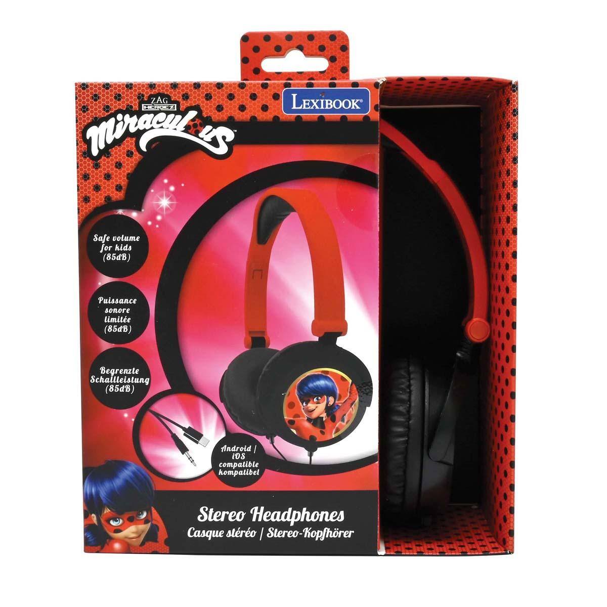 ZAG LEXIBOOK  
Miraculous Safe volume for kids (85dB)  
Puissance sonore limite (85dB)  
Begrenzte Schallleistung (85dB)  
Android | iOS compatible kompatibel  
Stereo Headphones  
Casque stéréo | Stereo-Kopfhörer