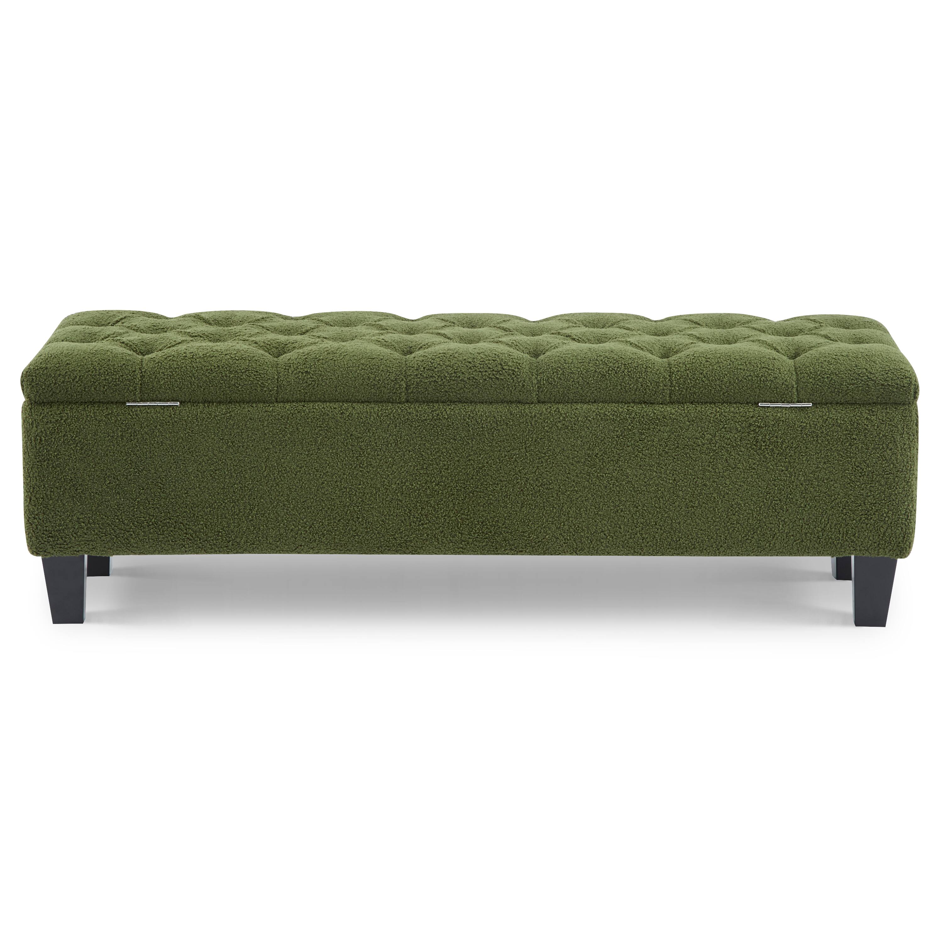Back. Loheer - Boucle Storage Ottoman Bench with Hidden Compartment and Solid Rubber Wood Legs, 300 lbs Capacity - Green.