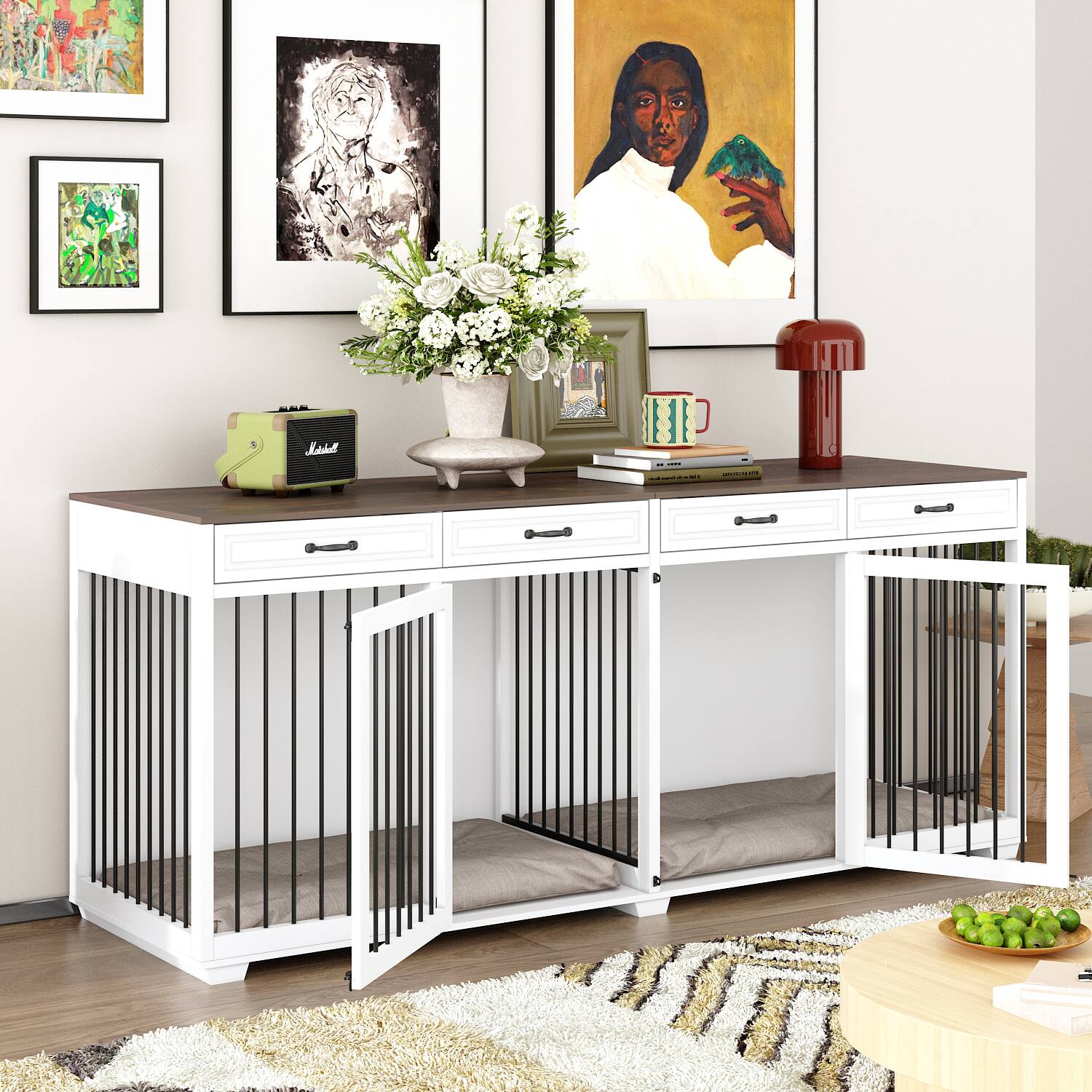 Angle. Famapy - Large Furniture Style Double Dog Crate with Divider & Drawers, Wooden Pet Kennel TV Stand, Indoor Dog Cage for 2 Dogs.