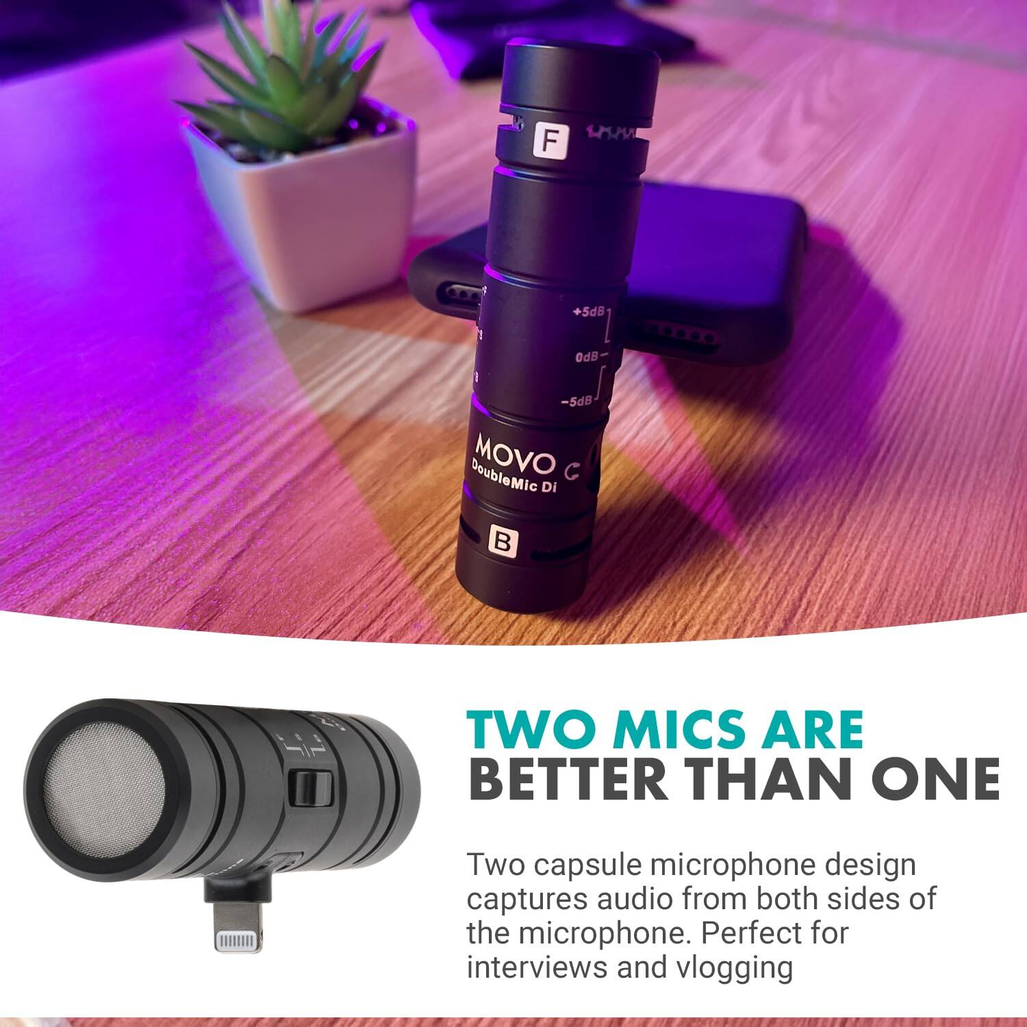 5dB  
0dB  
5dB DoubleMic MOVO Di  
TWO MICS ARE BETTER THAN ONE  
Two capsule microphone design captures audio from both sides of the microphone. Perfect for interviews and vlogging