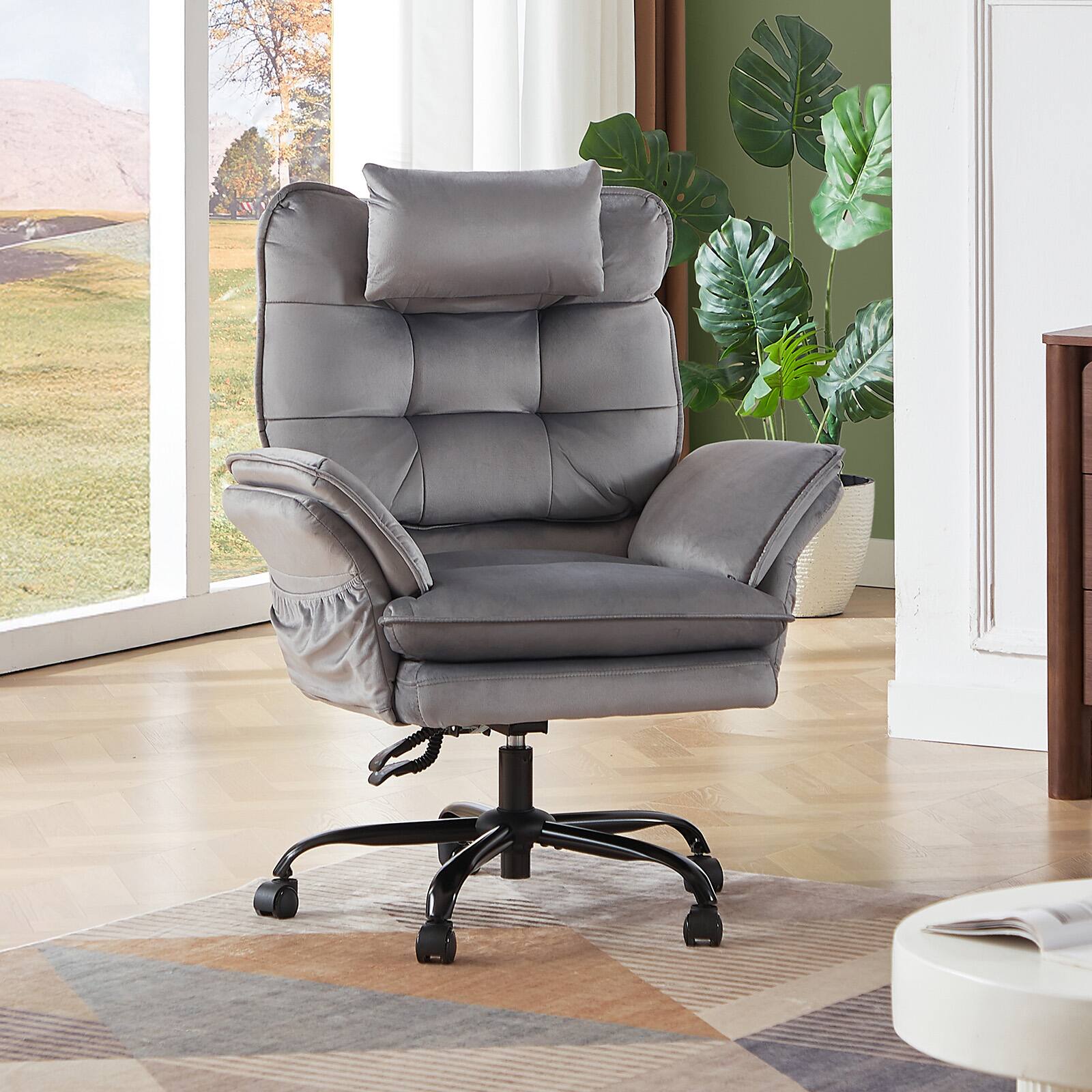 Back. Bestier - Office Cross-Legged Chair with Ergonomic Headrest, Flip-up Armrest & Adjustable Backrset for Home Office - Grey.