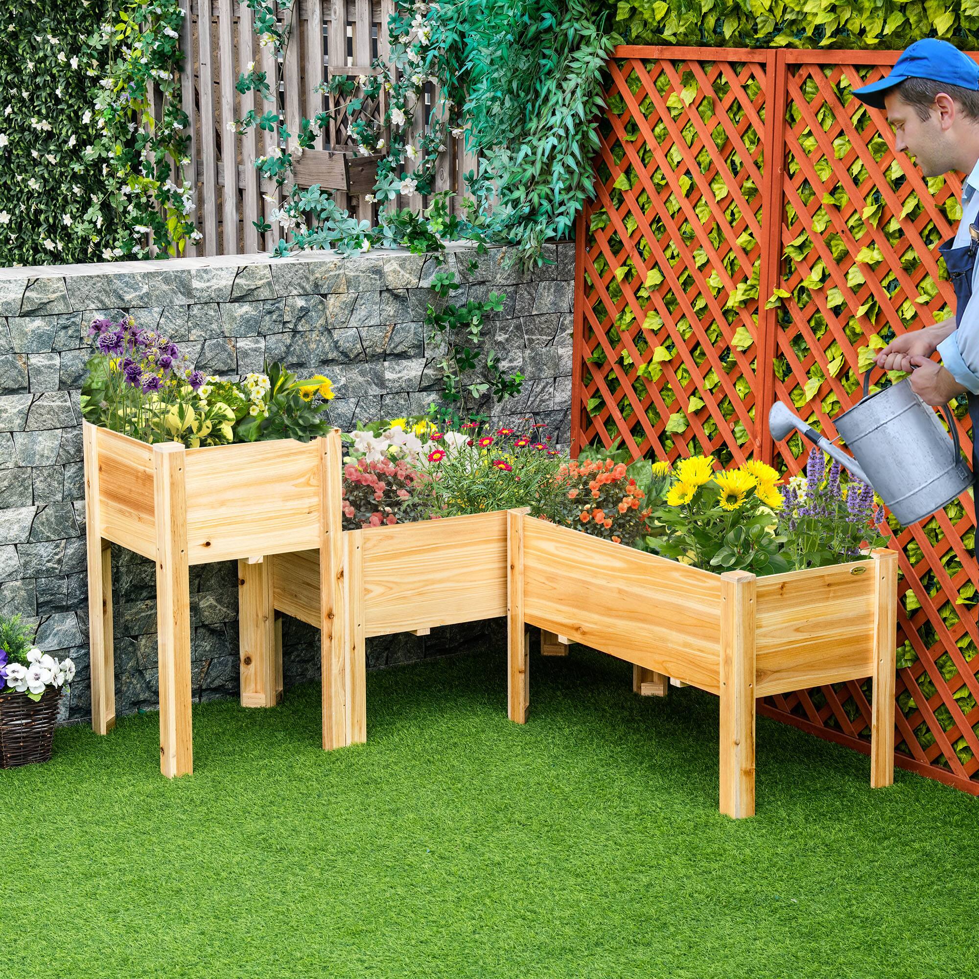 Angle. Outsunny - Outsunny Raised Garden Bed Set of 3, Wooden Elevated Planter Box with Legs and Bed Liner - Natural Wood.