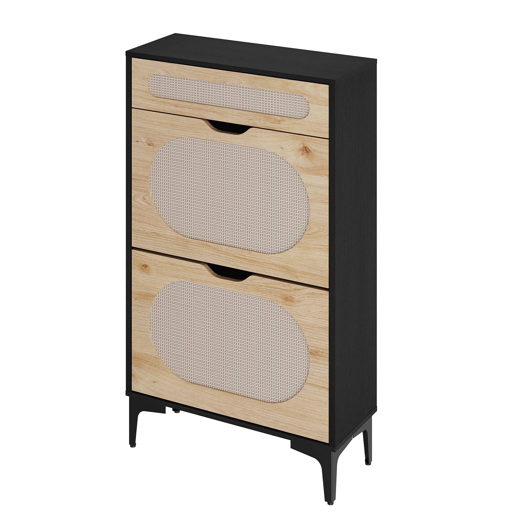 Alt View 4. Babevy - Shoe Cabinet, Rattan Shoe Storage With 2 Flip Drawer and 1 Pull-Out Drawer, Heavy Duty Metal Leg, Adjustment Shelf - Black.