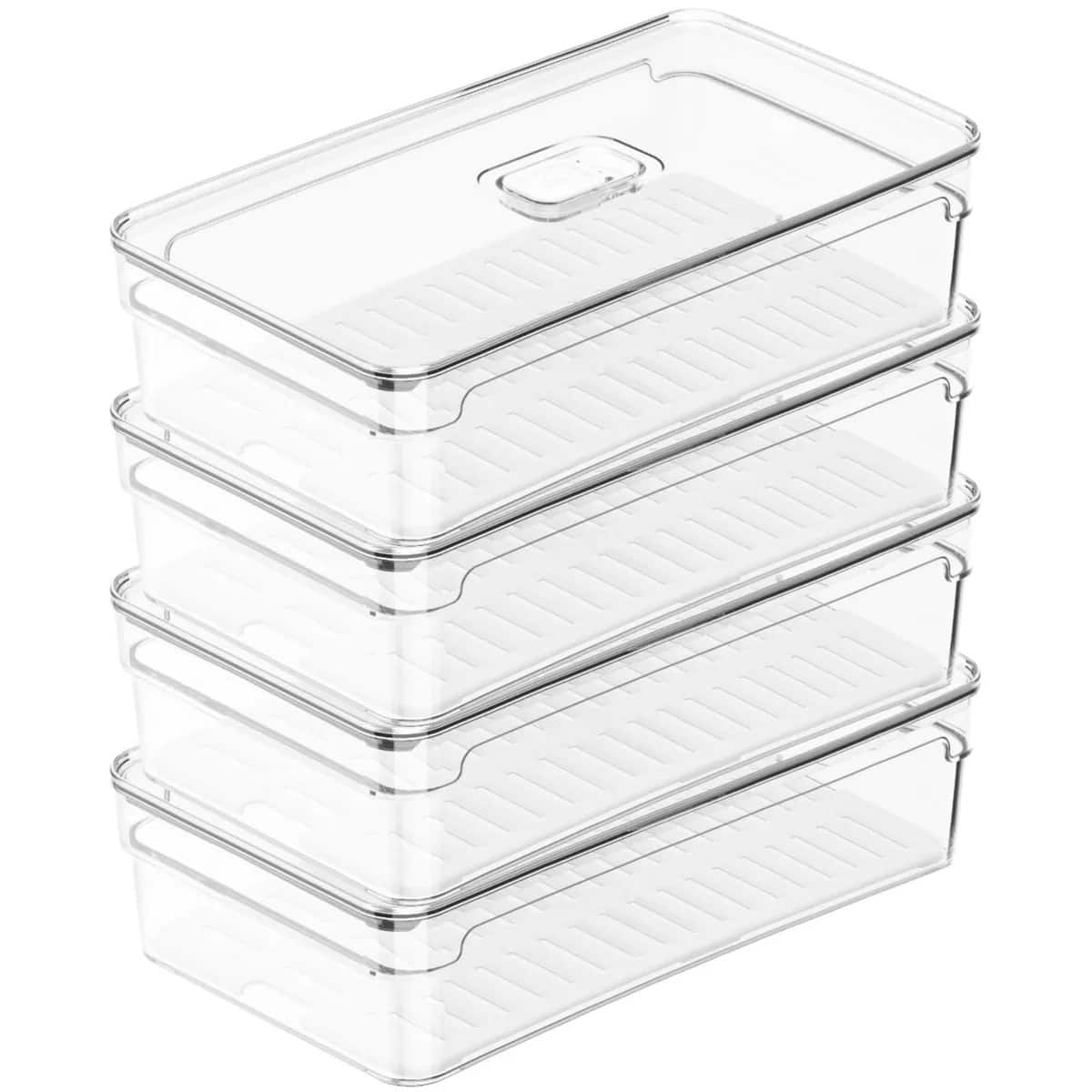 OU - Fridge Organizer Bin with Vented Lid, Stackable Refrigerator Storage Bin, 11.8" Depth, 4 Pack - Clear