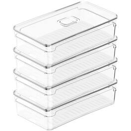 OU - Fridge Organizer Bin with Vented Lid, Stackable Refrigerator Storage Bin, 11.8" Depth, 4 Pack - Clear