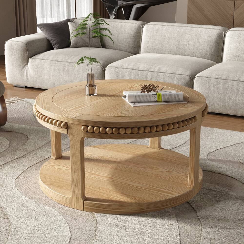 Back. Loheer - Loheer 31.5 inch round solid wood coffee table Two-Tier Open Storage - Natural Wood.