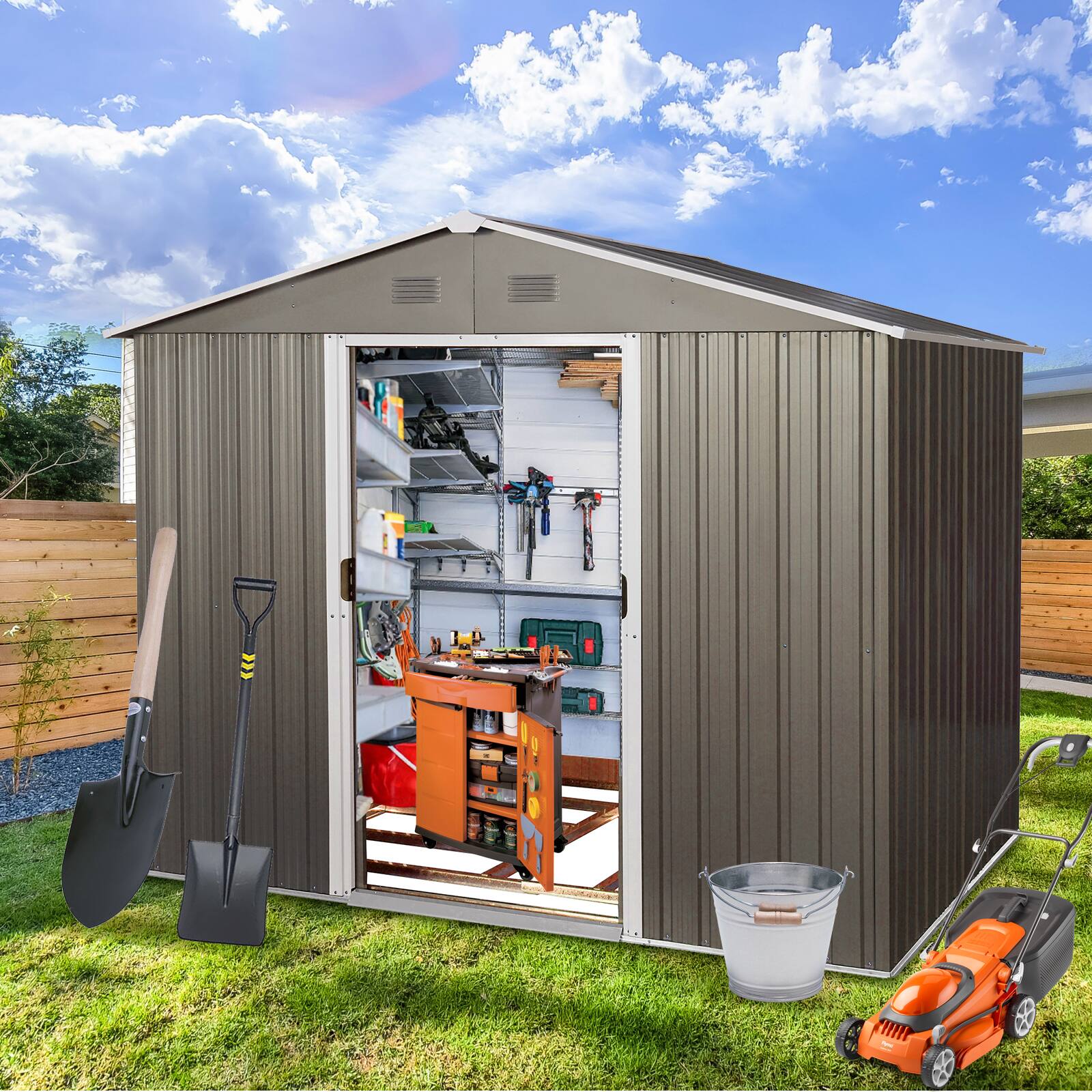 Angle. Mondawe - 8ft x 6ft Outdoor Metal Storage Shed with Floor Base - Gray.