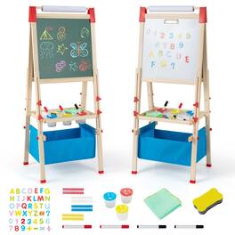 Costway - 3-in-1 Kids Art Easel Double-Sided Wooden Adjustable Magnetic Drawing Board - Natural/Blue