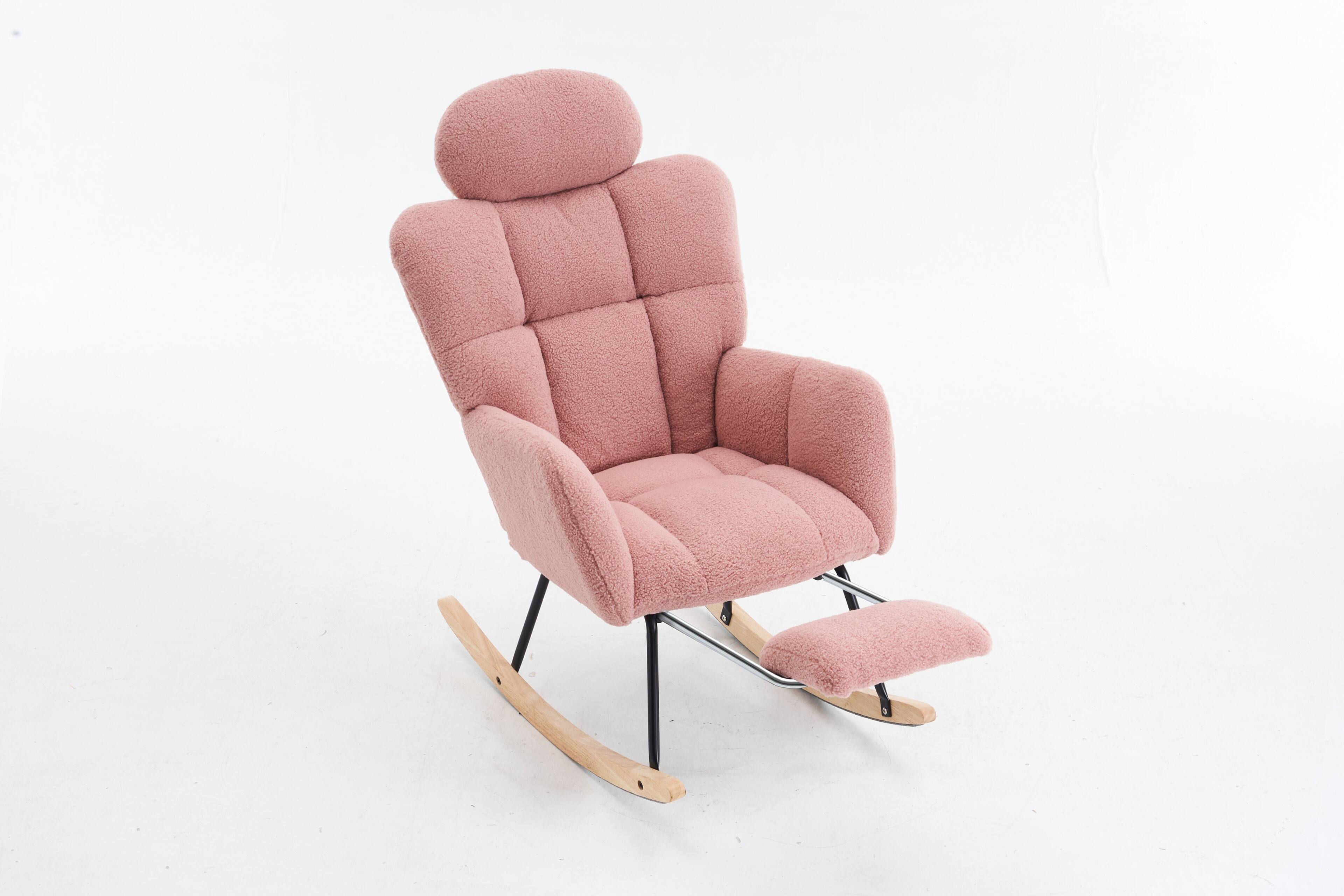 Alt View 5. GOODSILO - Teddy Fabric Upholstered Nursery Rocking Chair with Pillow & Footrest, Modern Accent Armchair - Pink.