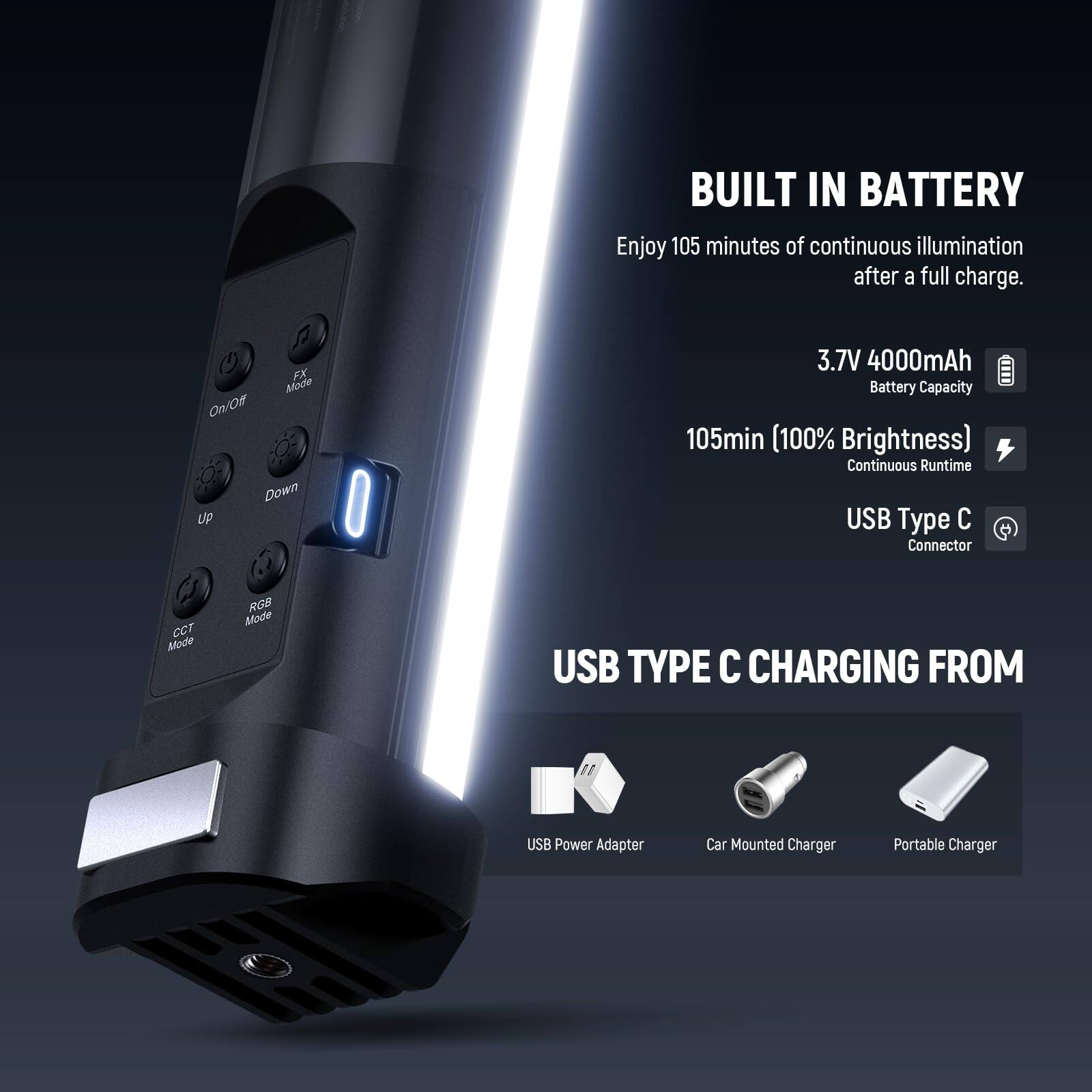 BUILT IN BATTERY  
Enjoy 105 minutes of continuous illumination after a full charge.  

3.7V 4000mAh  
Battery Capacity  
105min (100% Brightness)  
Continuous Runtime  

USB Type C Connector  

USB TYPE C CHARGING FROM  
USB Power Adapter  
Car Mounted Charger  
Portable Charger