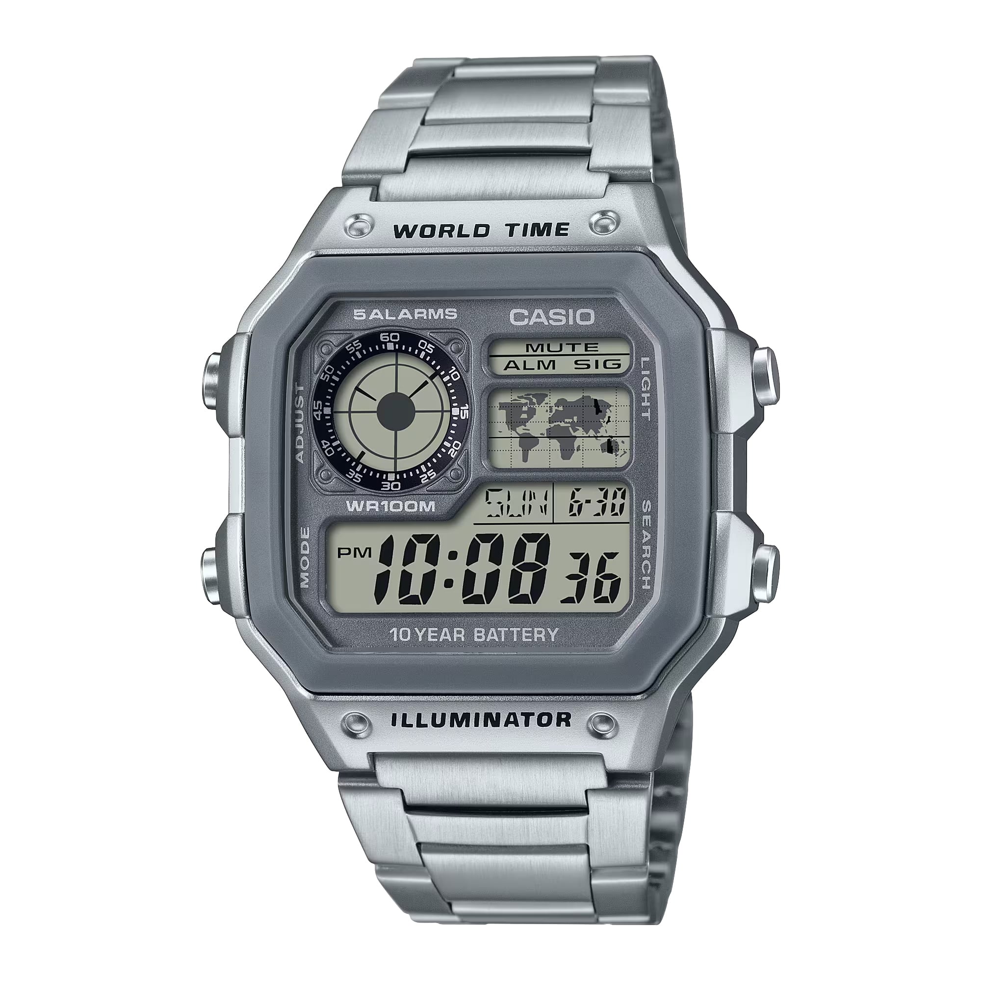 Casio - Men's Multi-Function Digital World Time Watch with Stainless Steel Band - AE-1200WHD-7A - Silver