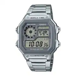 Casio - Men's Multi-Function Digital World Time Watch with Stainless Steel Band - AE-1200WHD-7A - Silver