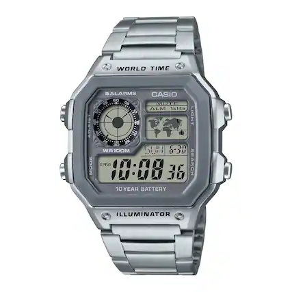 WORLD TIME
CASIO
SALARMS
MUTE ALM SIG
LIGHT ADJUST
WR100M
10 YEAR BATTERY
ILLUMINATOR
SEARCH
MODE
PM 10:08 36