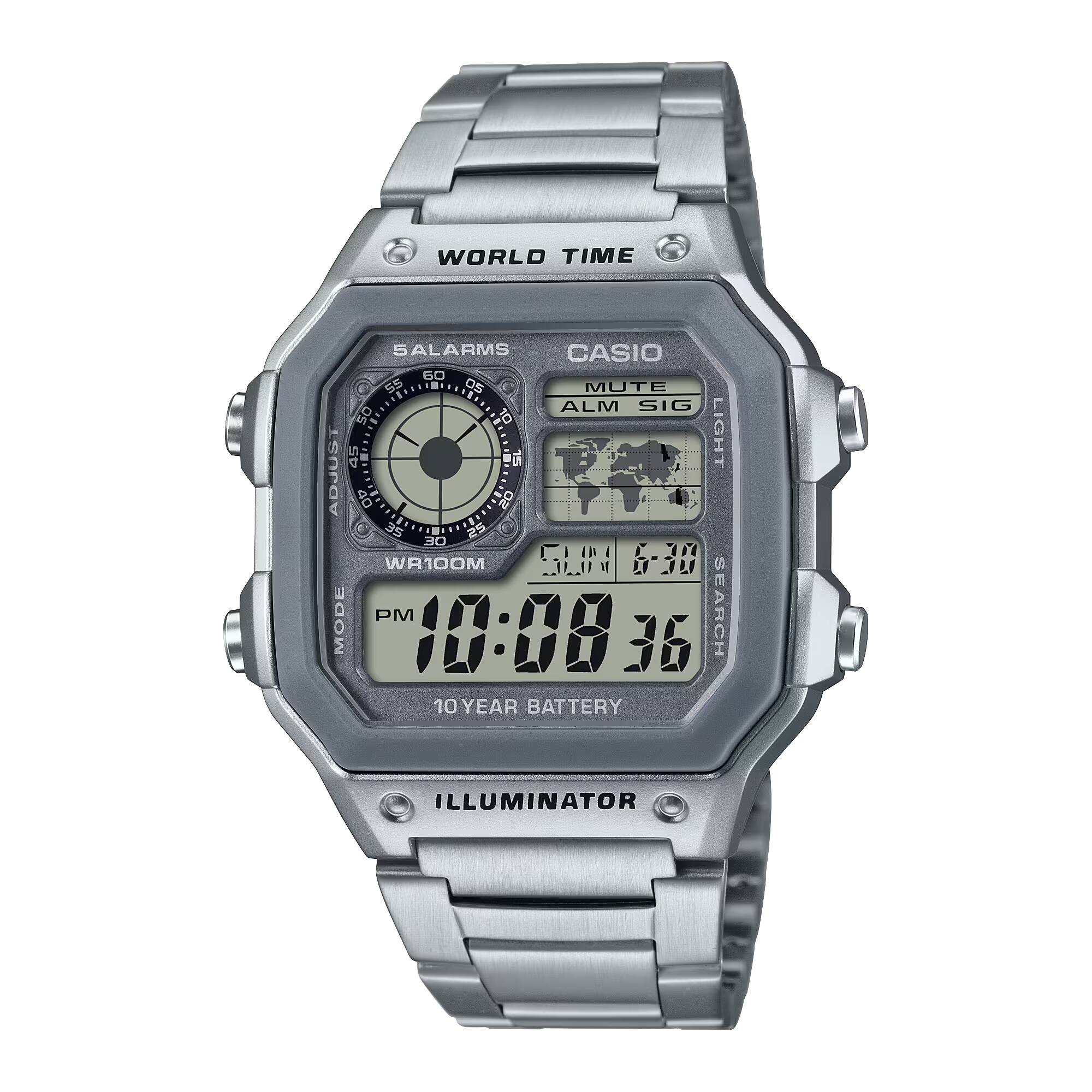 WORLD TIME  
CASIO  
SALARMS  
MUTE ALM SIG  
LIGHT ADJUST  
WR100M  
10 YEAR BATTERY  
ILLUMINATOR  
SEARCH  
MODE  
PM 10:08 36