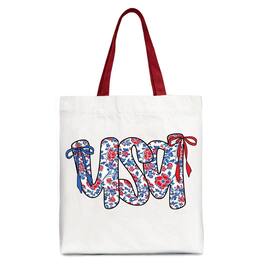 OrnamentallyYou - Floral USA Patriotic Canvas Tote Bag, 4th of July Gift Shopper for Stylish Women - White Red