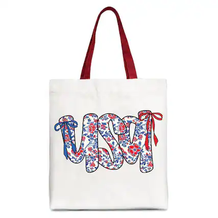 Front. OrnamentallyYou - Floral USA Patriotic Canvas Tote Bag, 4th of July Gift Shopper for Stylish Women - White Red.