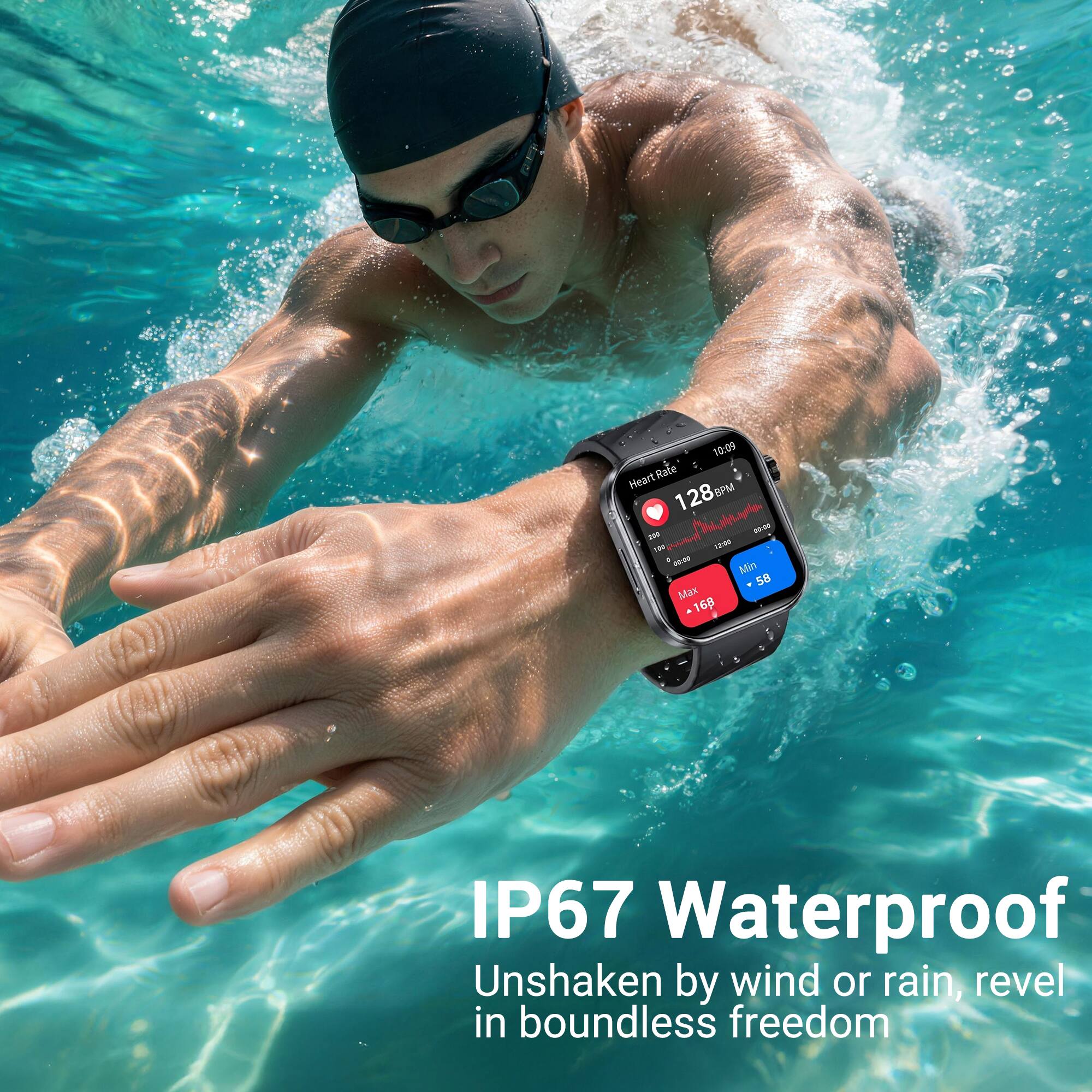 10:09 Heart Rate 128BPM BPM 200 100 Milishapla 12:00 03:00 00:00 Min 58 Max 168

IP67 Waterproof Unshaken by wind or rain, revel in boundless freedom