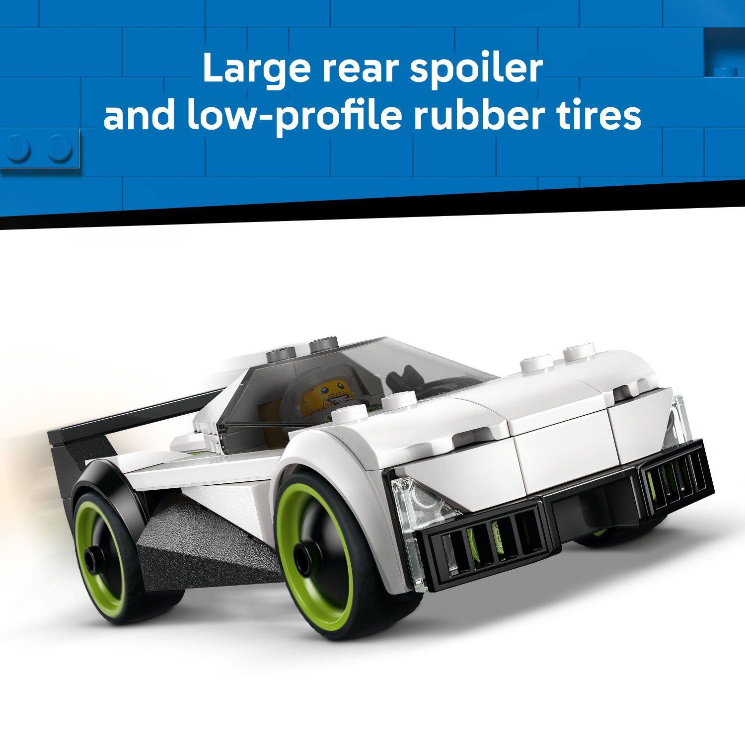 Large rear spoiler and low-profile rubber tires