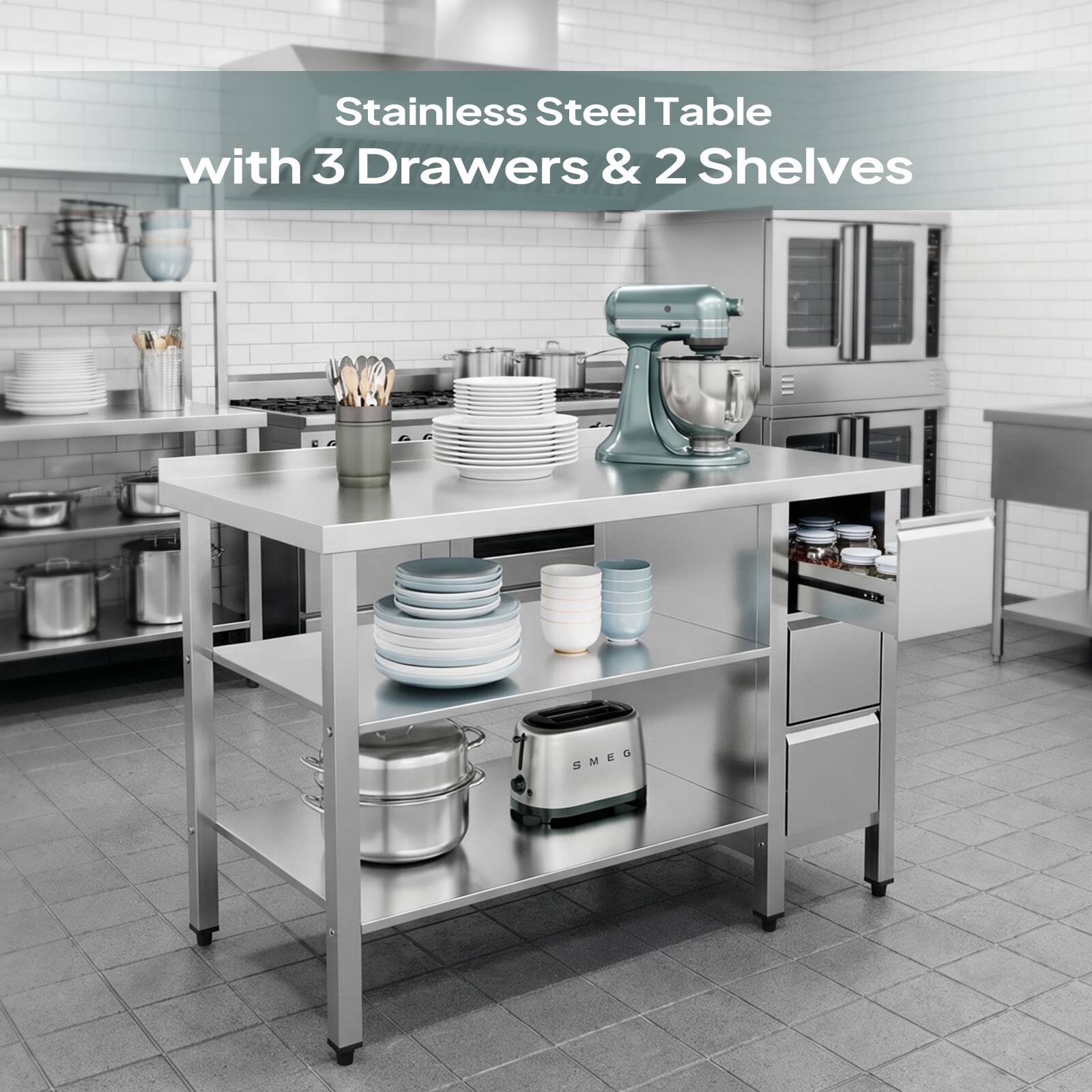 Stainless Steel Table with 3 Drawers & 2 Shelves