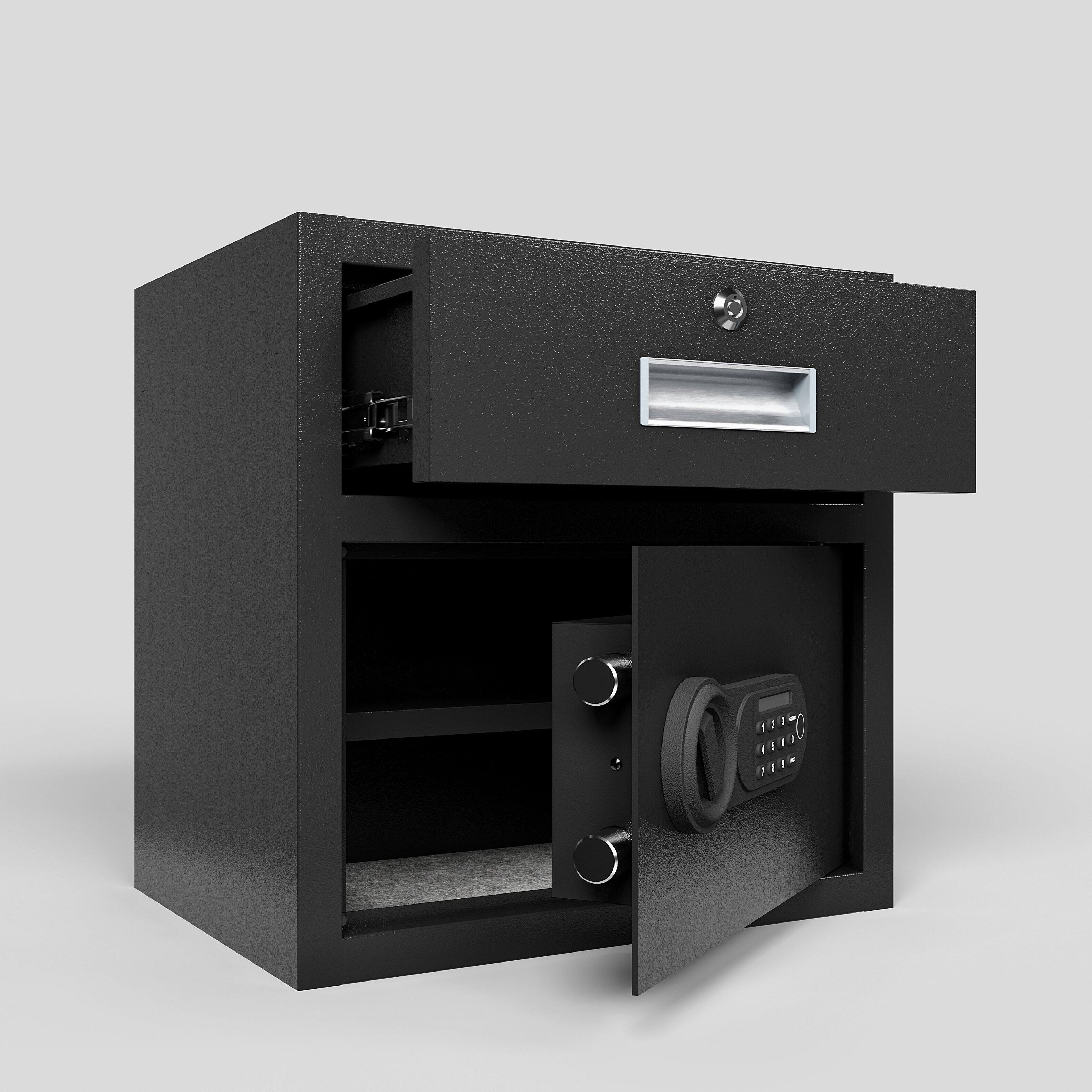 Left. GOODSILO - Steel Security Safe & Lock Box with Electronic Keypad - Secure Cash, Jewelry, ID Documents, 1.69 Cubic Feet - Black.