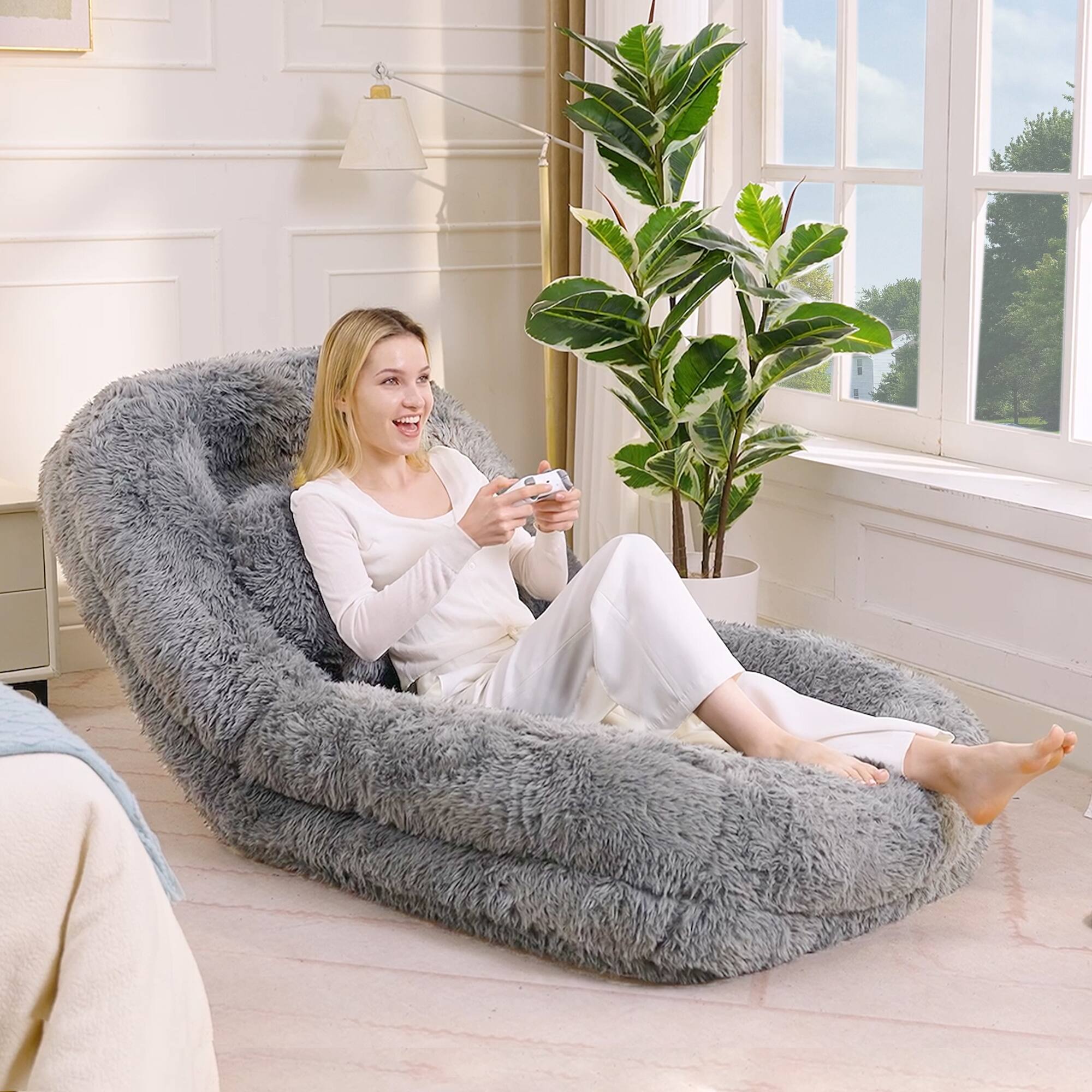 Alt View 8. LOVMOR - 69 Inch Faux Fur Bean Bag Chairs For Living Room Bedroom Office Plush Cozy Ultra Indoor Lounge Seating Comfort - Light Gray.