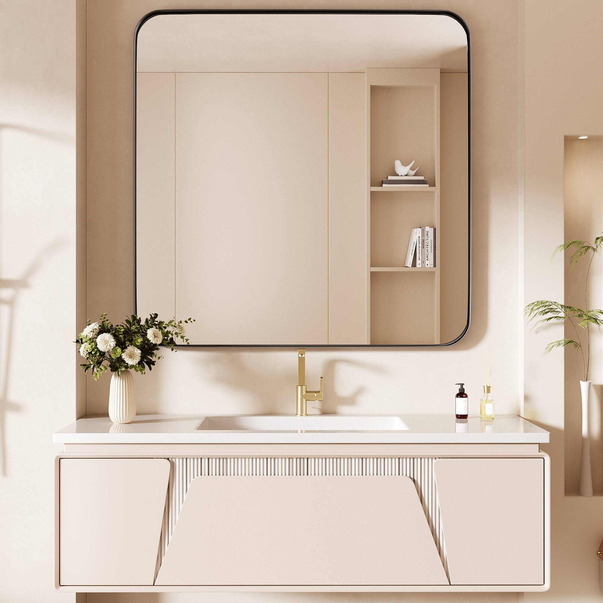 Alt View 11. LOVMOR - Tempered Glass Rounded Rectangle Framed Wall-Mounted Bathroom Vanity Mirror - 36" x 36" - Black.