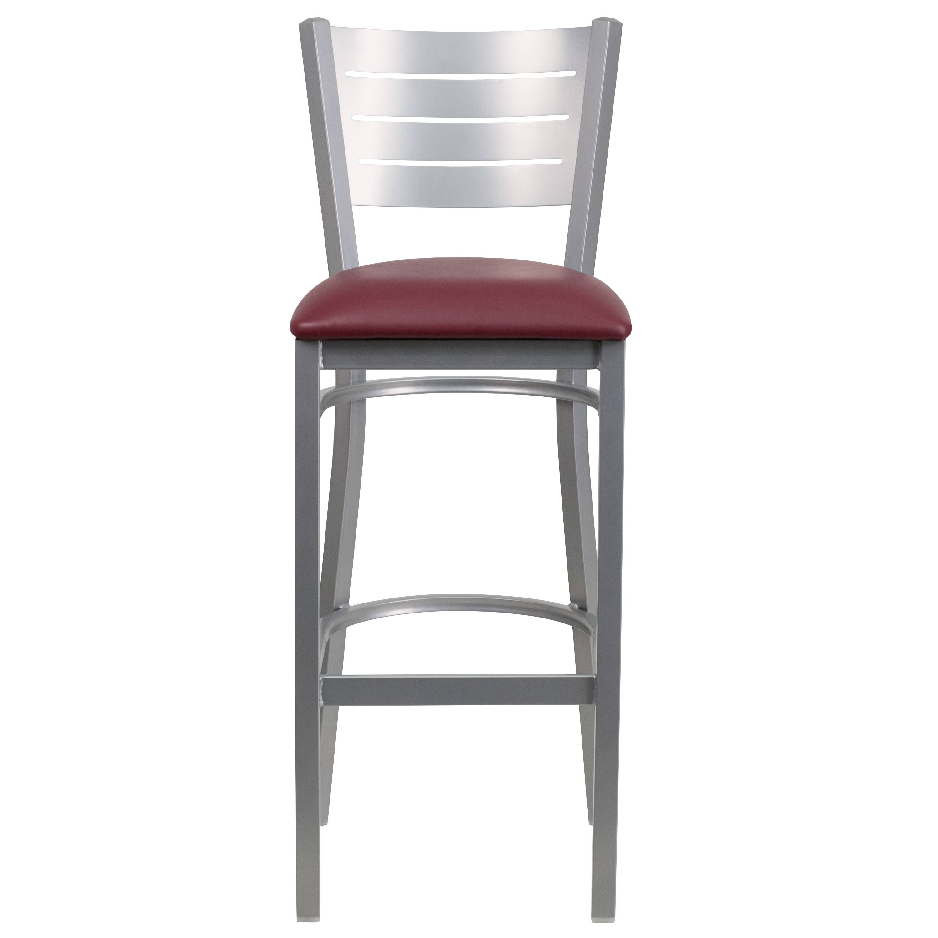 Alt View 6. Emma + Oliver - 2 Pack Silver Slat Back Metal Restaurant Barstool - Burgundy Vinyl Seat/Silver Frame.