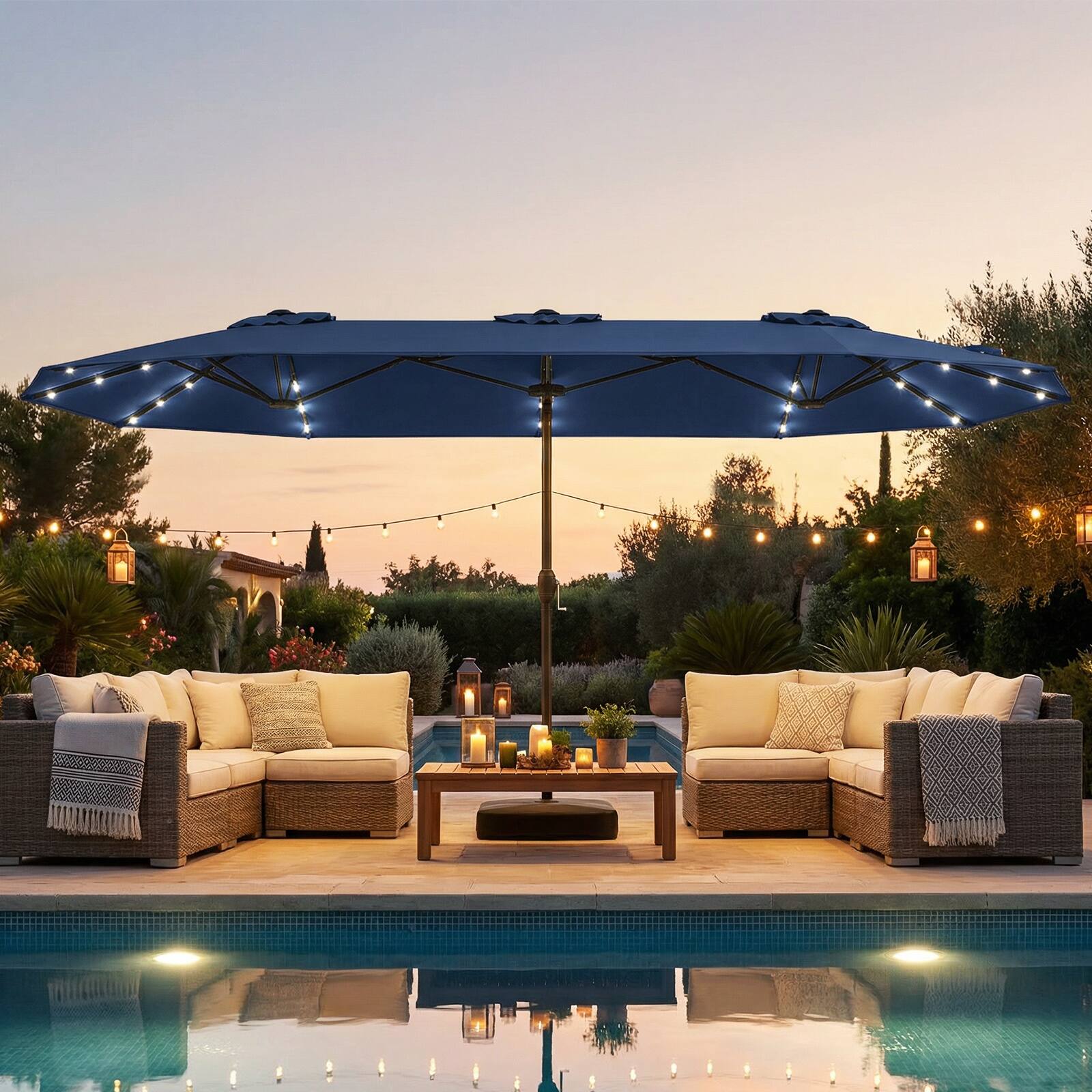 Alt View 1. Costway - Costway 13FT Double-sided Patio Umbrella with Solar Lights Crank Handle Umbrella Base - Navy.