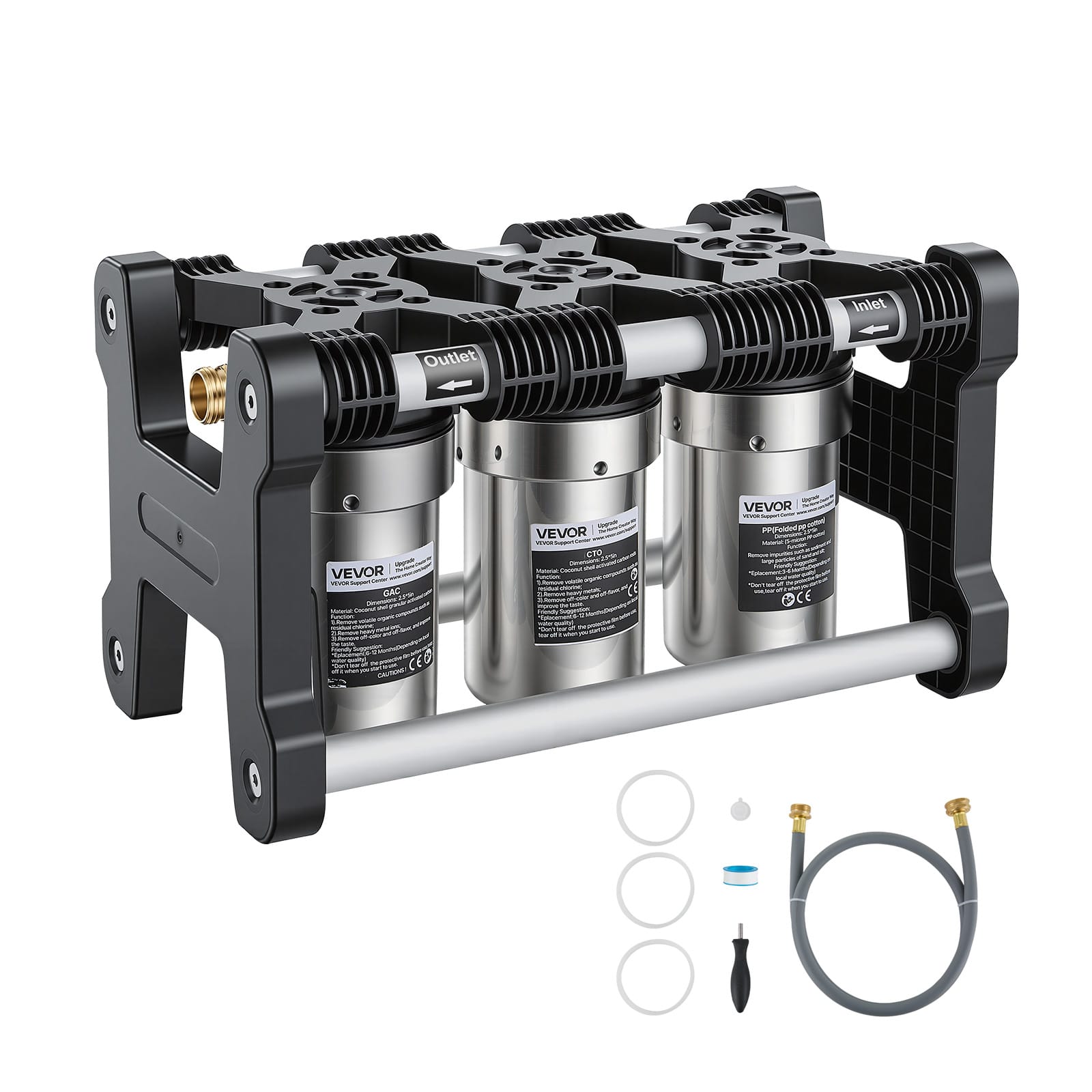 VEVOR - RV Water Filter System, 5-Micron 3 Stage Premium RV Water Filtration System with Three Cartridges and 3/4" Fitting - Black