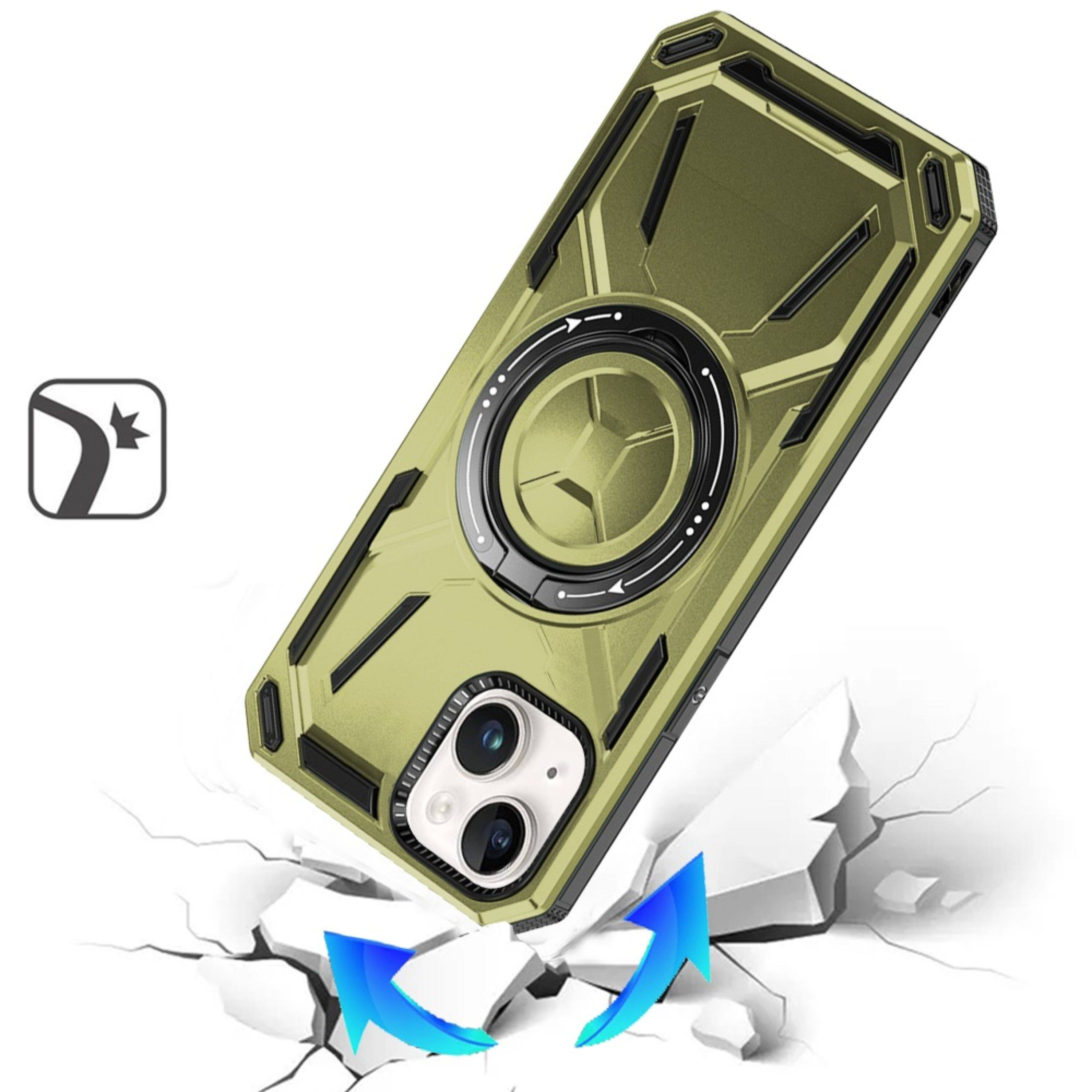 Angle. Kitcheniva - Magnetic Circle Metal Stand Shockproof Phone Case With Tempered Glass For iPhone 13/14 Midnight Green - Green.